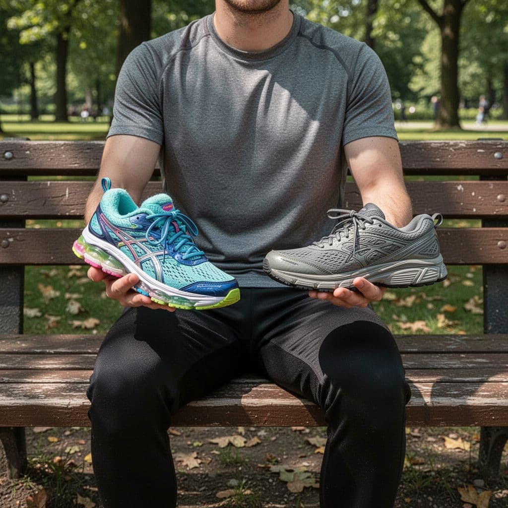 A person sitting on a wooden park bench holds a plush, vibrant sneaker in the left hand and a structured, firm running shoe in the right. Natural daylight illuminates the footwear.