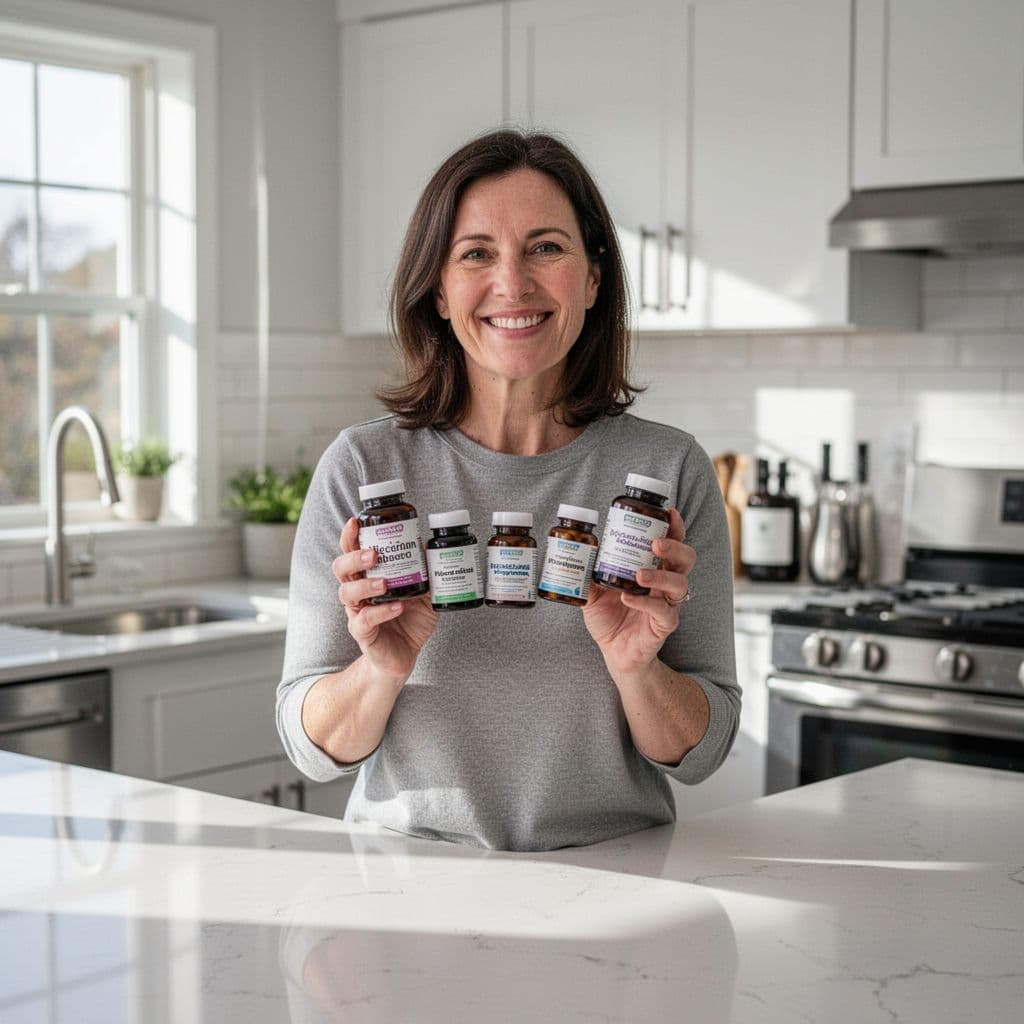 A smiling person stands in a bright kitchen holding a selection of health supplement bottles.