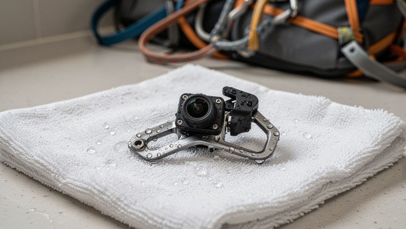 A single clean small micro cam laid flat on a white towel drying after cleaning, with few water droplets on lobes and stem, trigger retracted smoothly. Close-up composition on home countertop with blurred climbing gear bag in background, natural indoor daylight, sharp focus on cam details.