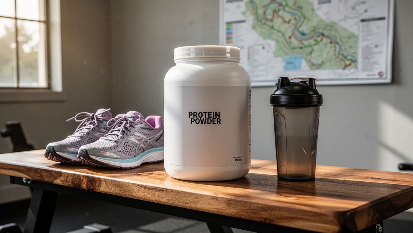 Clean protein powder tub on a wooden gym bench next to women's running shoes and shaker bottle, minimalist design emphasizing purity, photorealistic lifestyle photo with natural window light.