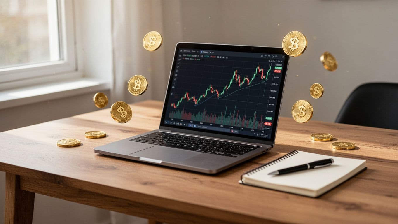 Clean wooden desk in home office with laptop showing subtle upward trending stock charts at an angle, floating dividend coin icons, notebook, pen, and soft natural window light in realistic photography style.