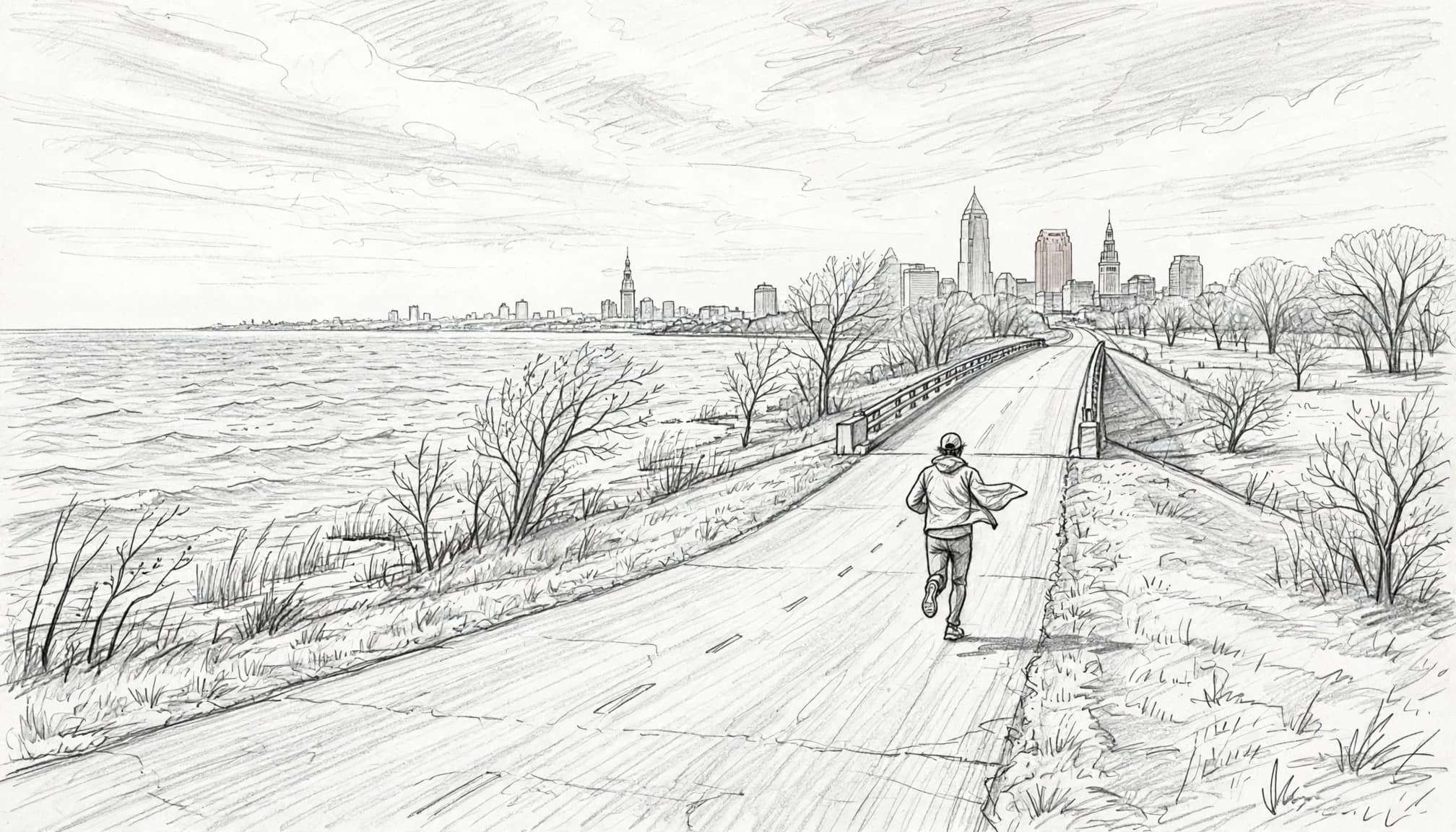 A lone runner travels along a windy lakefront road beneath a bridge ramp.