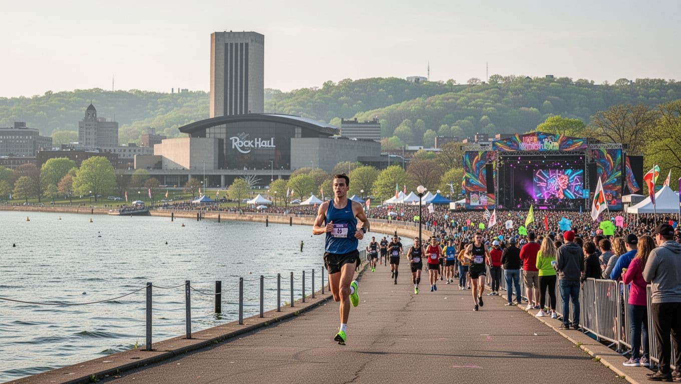 A lone runner speeds along the Lake Erie waterfront in Cleveland, Ohio, passing the Rock and Roll Hall of Fame with Cuyahoga Valley National Park edge visible, amid moderate hills, cheering spectators, music stages, and spring morning light in a party atmosphere.