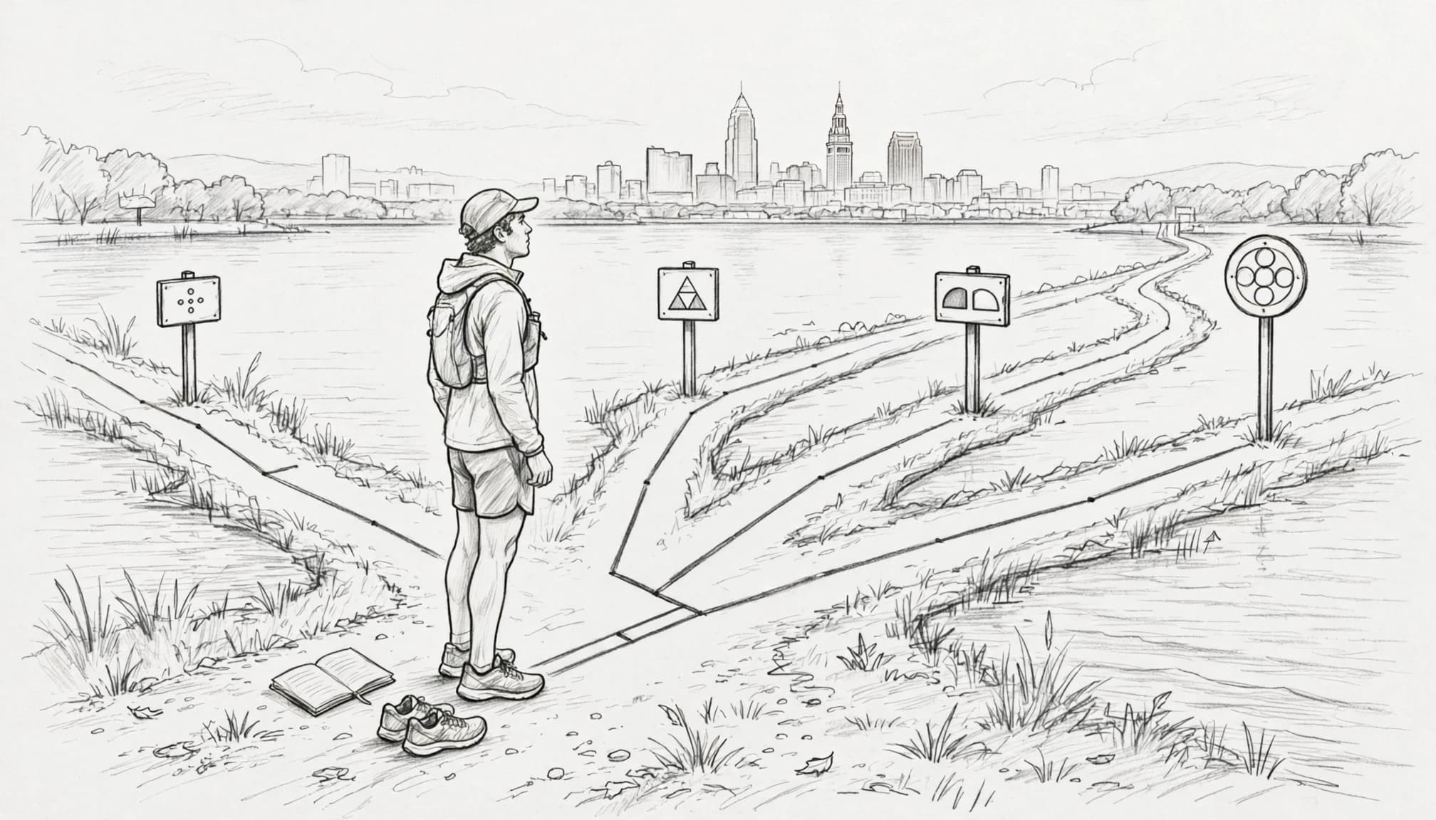 A runner chooses among four marked routes beside a lakefront path, journal, and running shoes.