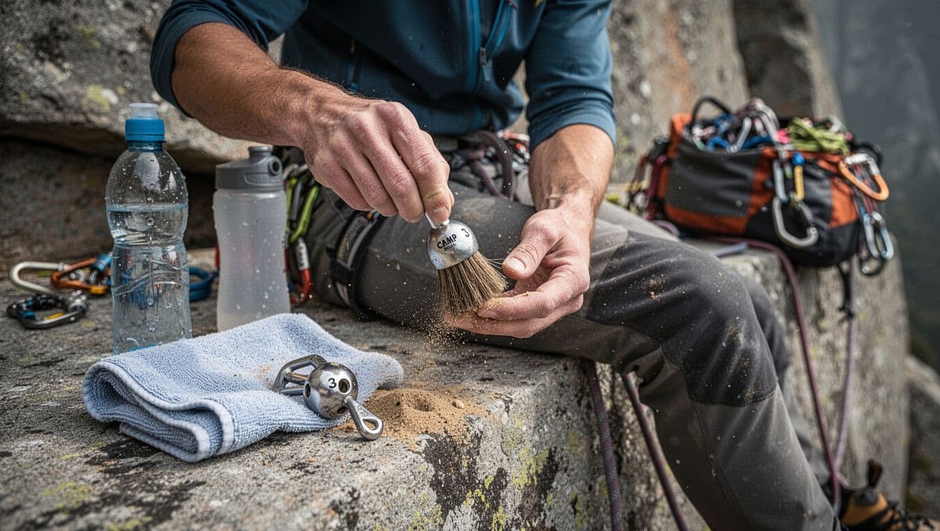 Photorealistic image of a climber on a rocky belay ledge brushing sand and dirt off a CAMP Ball Nut size 3 with a nylon brush, with nearby water bottle, towel, and gear bag.