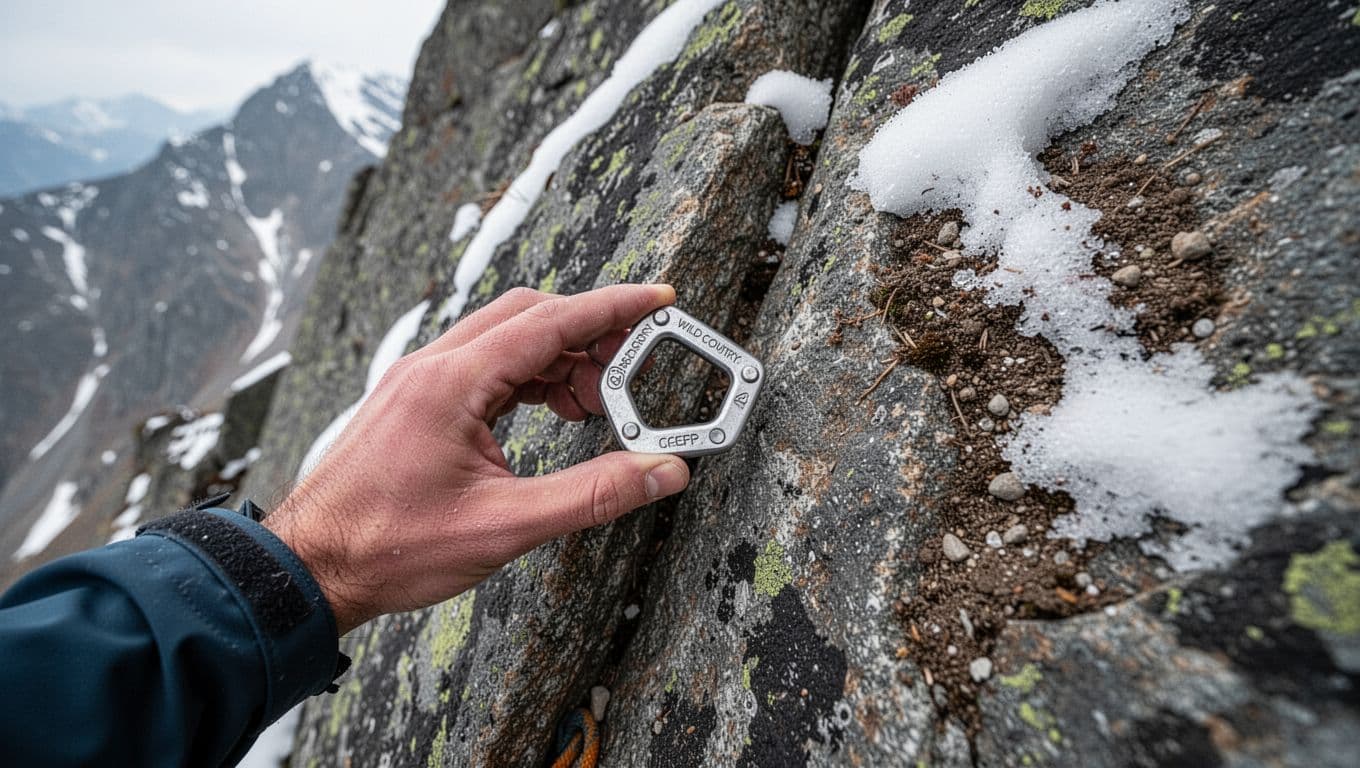 A climber's hand precisely places a large curved Wild Country Rockcentric hex into a flared tapering granite crack on a rugged alpine route with patches of snow and dirt, focusing on the hex gripping irregular edges with rockers under natural soft diffused daylight.