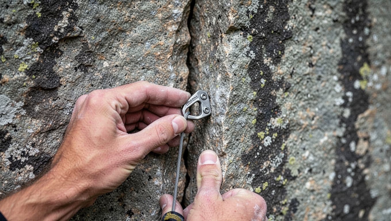 Side profile of a climber's hand inserting a DMM Peenut offset micro nut narrow side first into a thin flared granite crack, then tugging the wire downward to seat it firmly on a vertical rock wall in natural daylight.