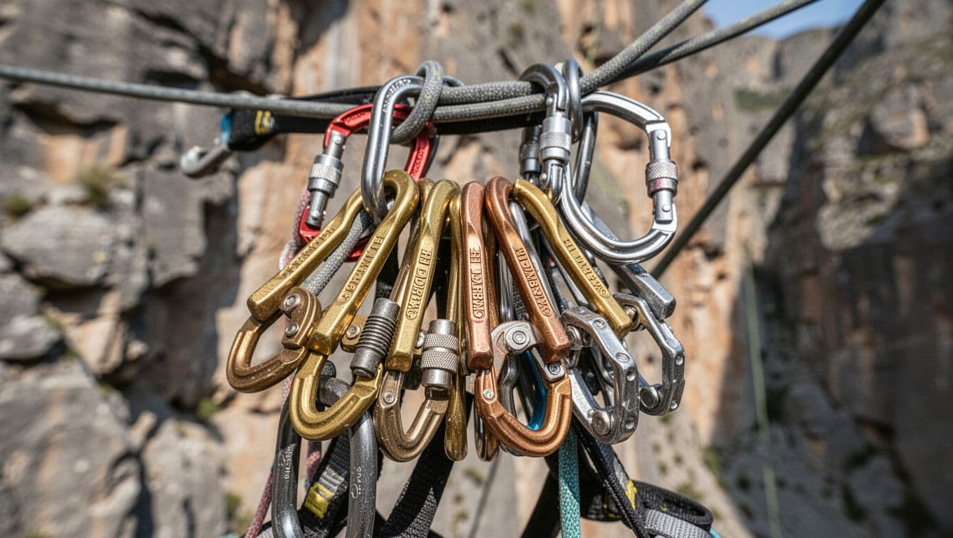 Close-up of a climber's harness gear loop loaded with DMM HB offset nuts in brass and alloy sizes clipped to carabiners, mixed with standard nuts and small cams, set against a blurred rocky cliff background in natural sunlight.