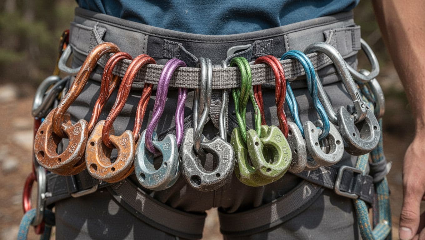 Realistic close-up photograph of 8-10 small to medium standard wired climbing chocks organized by size with color-coded wires on a <a href=