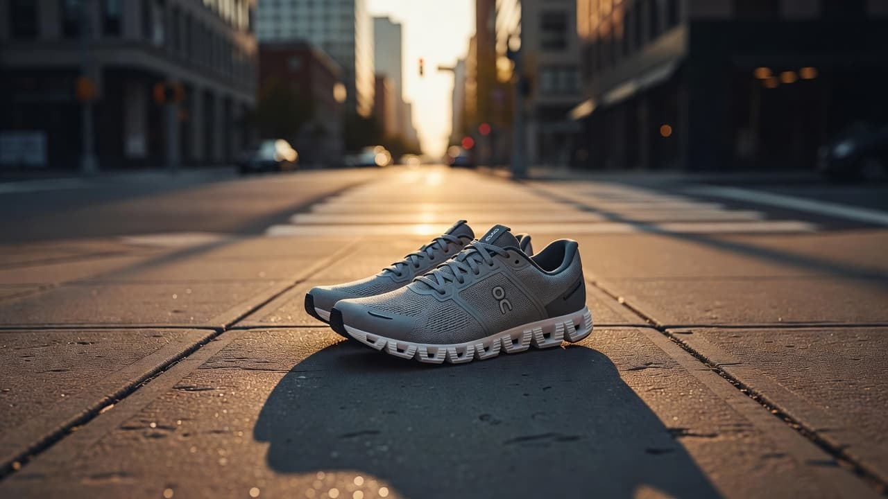 A pair of sleek running sneakers rests on a textured concrete sidewalk during golden hour. Soft sunset light highlights the shoe materials while casting long shadows across the blurred city street.