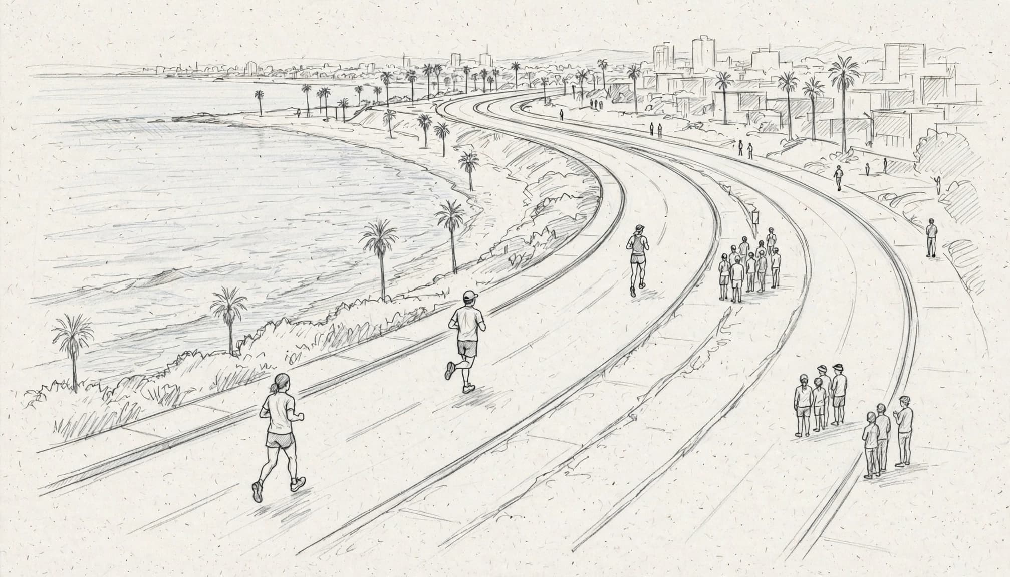Three runners follow a curving coastal road as spectators watch from the sides.