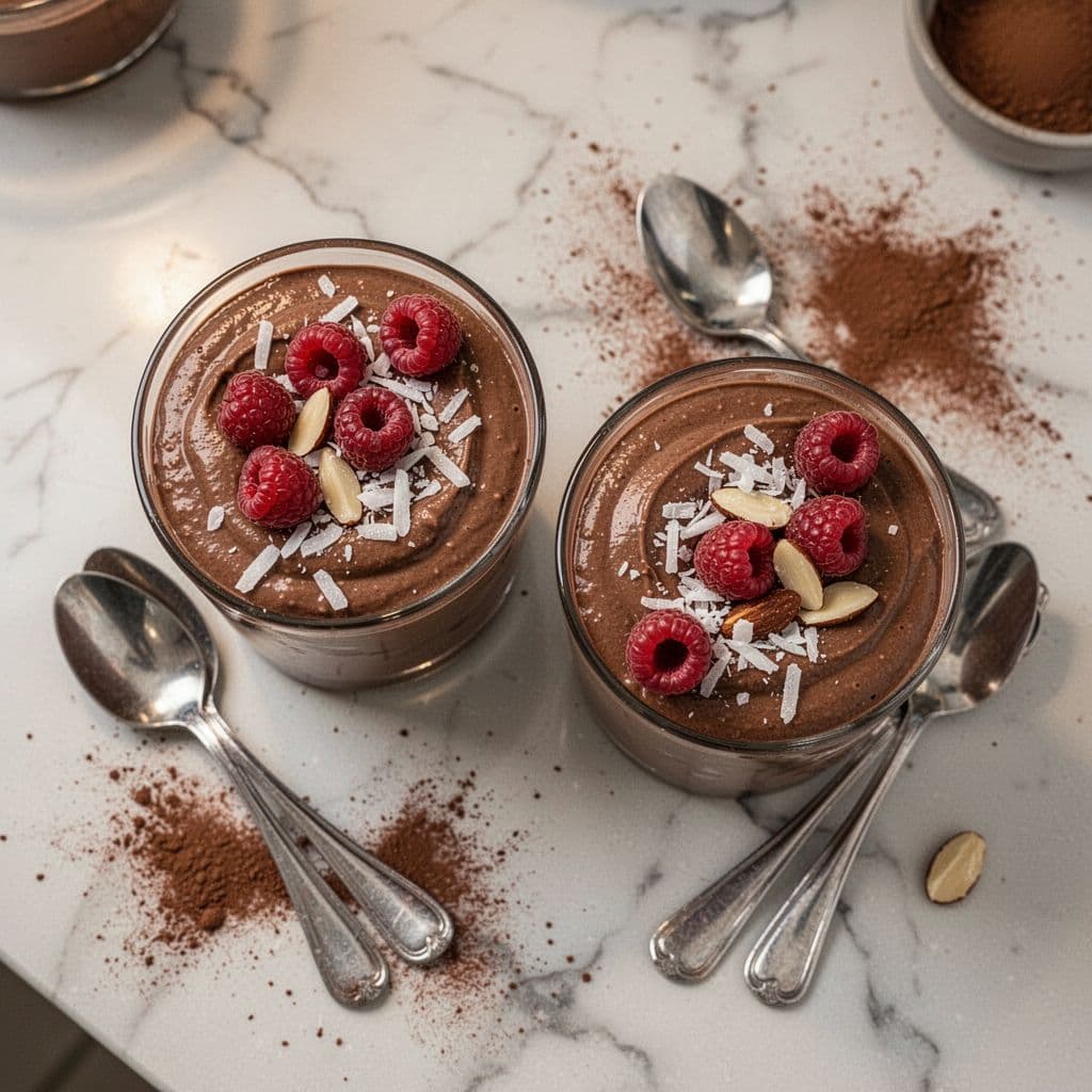 Overhead shot of two glass dessert cups filled with smooth chocolate-colored cocoa avocado pudding, topped with fresh raspberries, shredded coconut flakes, and chopped almonds, spoons on the side, on a marble countertop with cocoa powder dusting.