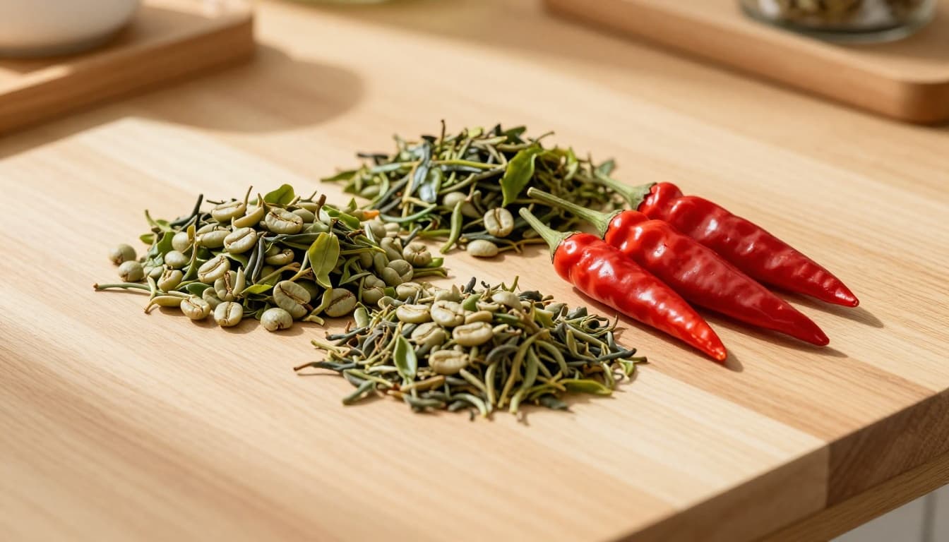 Close-up overhead composition of coffee beans, fresh green tea leaves, and bright red chili peppers piled on a light wooden table in a sunlit kitchen, photorealistic style with natural warm lighting and high texture detail.