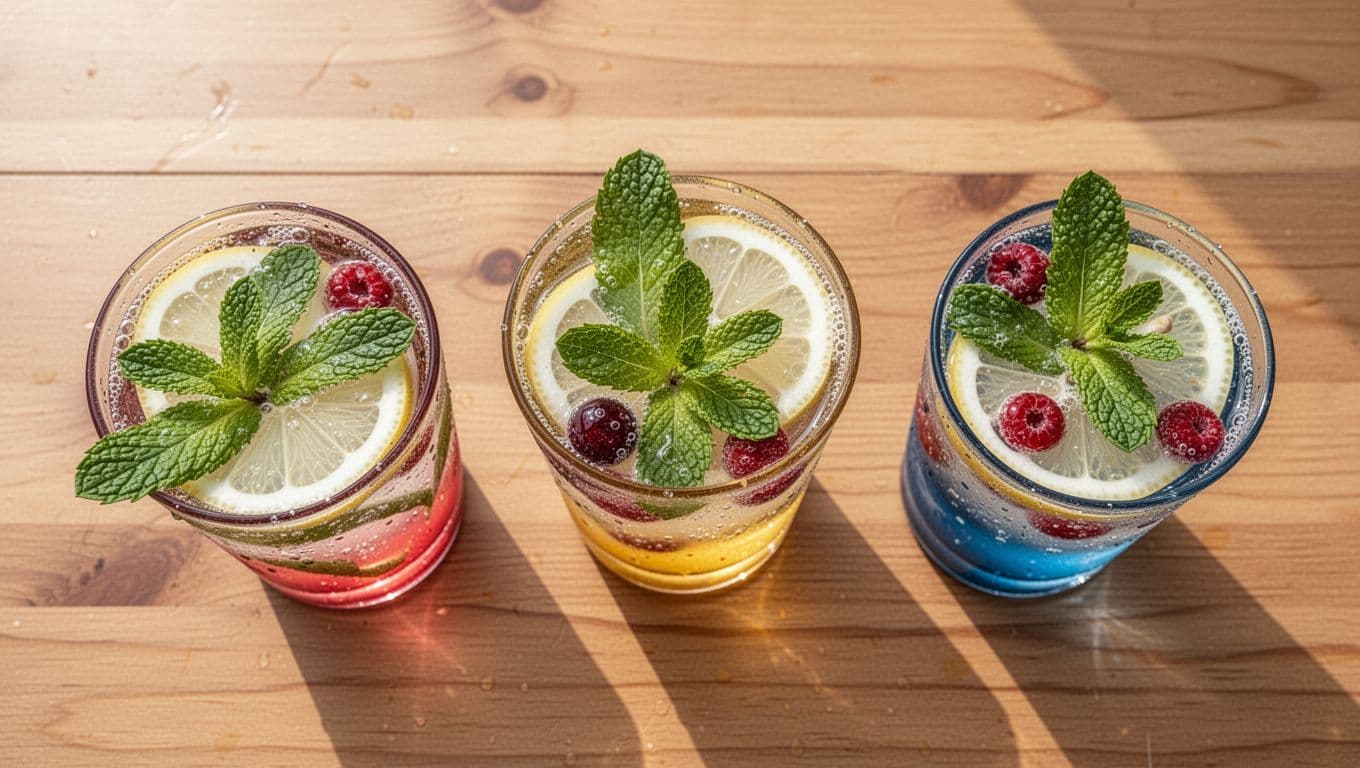 Three colorful glasses of sparkling electrolyte drinks on a wooden table, garnished with lemon slices, mint leaves, and berry pieces.