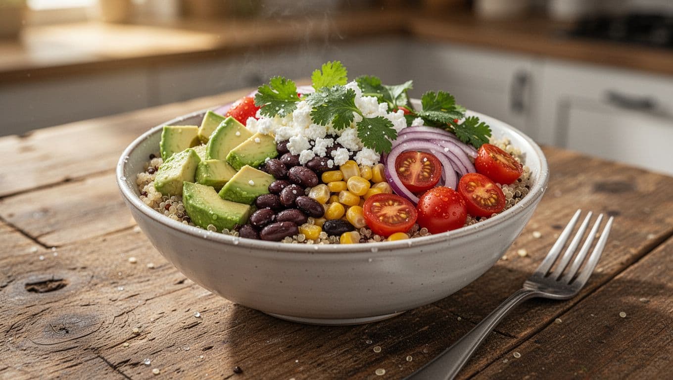 Photorealistic landscape image of a vibrant grain bowl with quinoa base, topped with fresh avocado, black beans, roasted corn, halved cherry tomatoes, sliced red onion, cilantro, and feta cheese crumbles on a rustic wooden table under warm daylight.