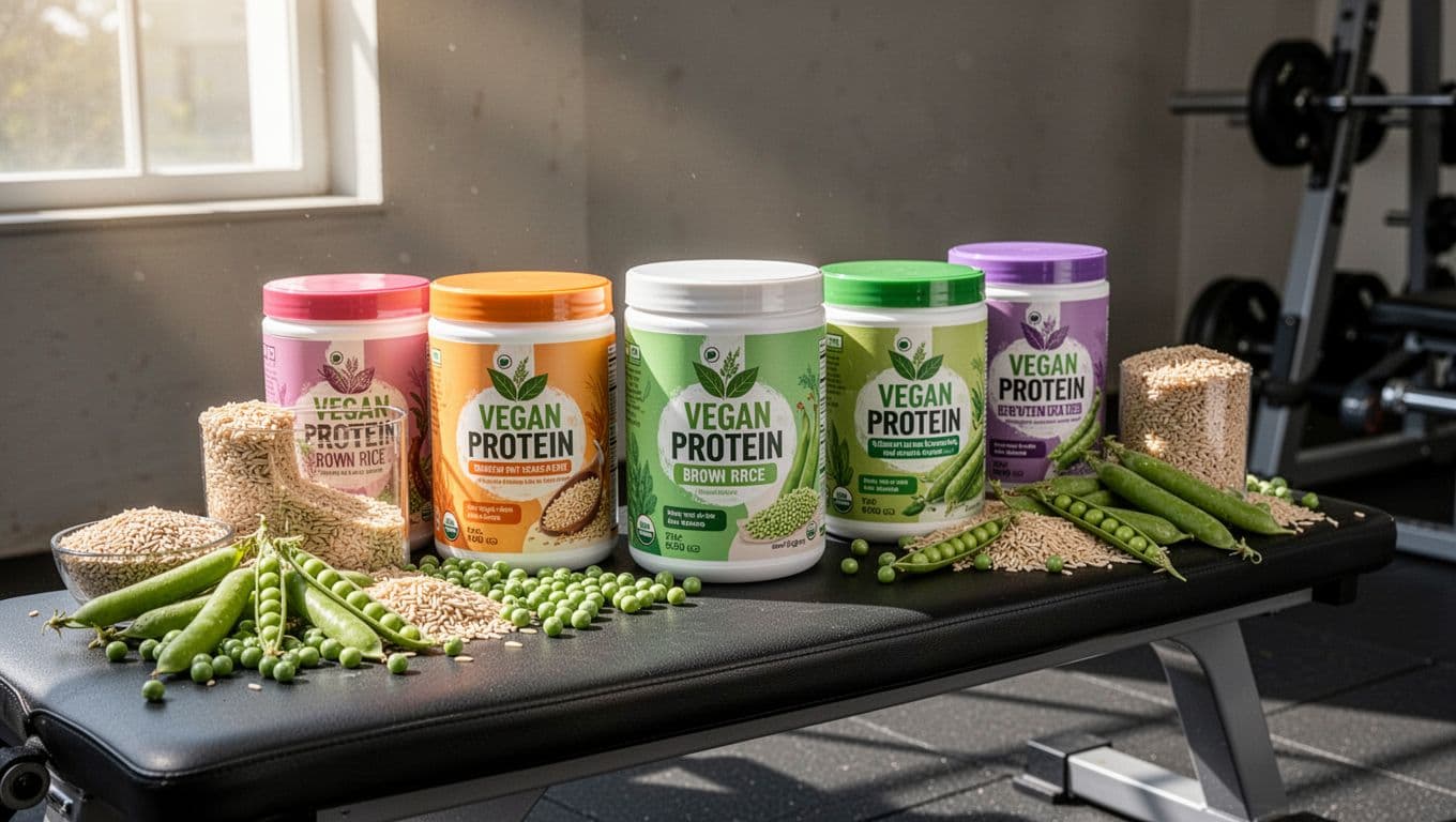 Assortment of colorful vegan protein powder containers neatly arranged on a gym workout bench, surrounded by fresh organic peas, brown rice, and pea pods, with natural sunlight filtering through a window in photorealistic high detail.