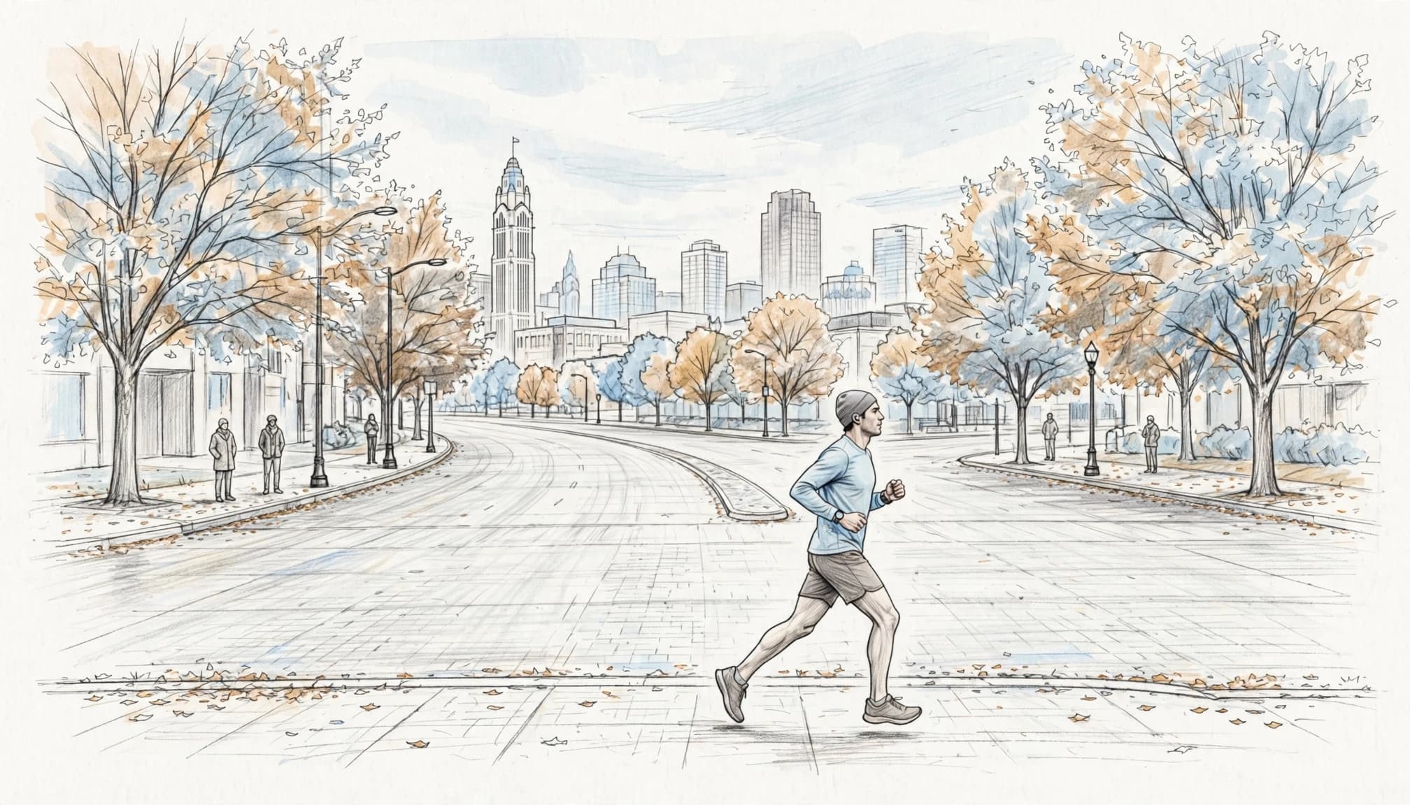A lone runner moves along a Columbus street during a fall marathon.
