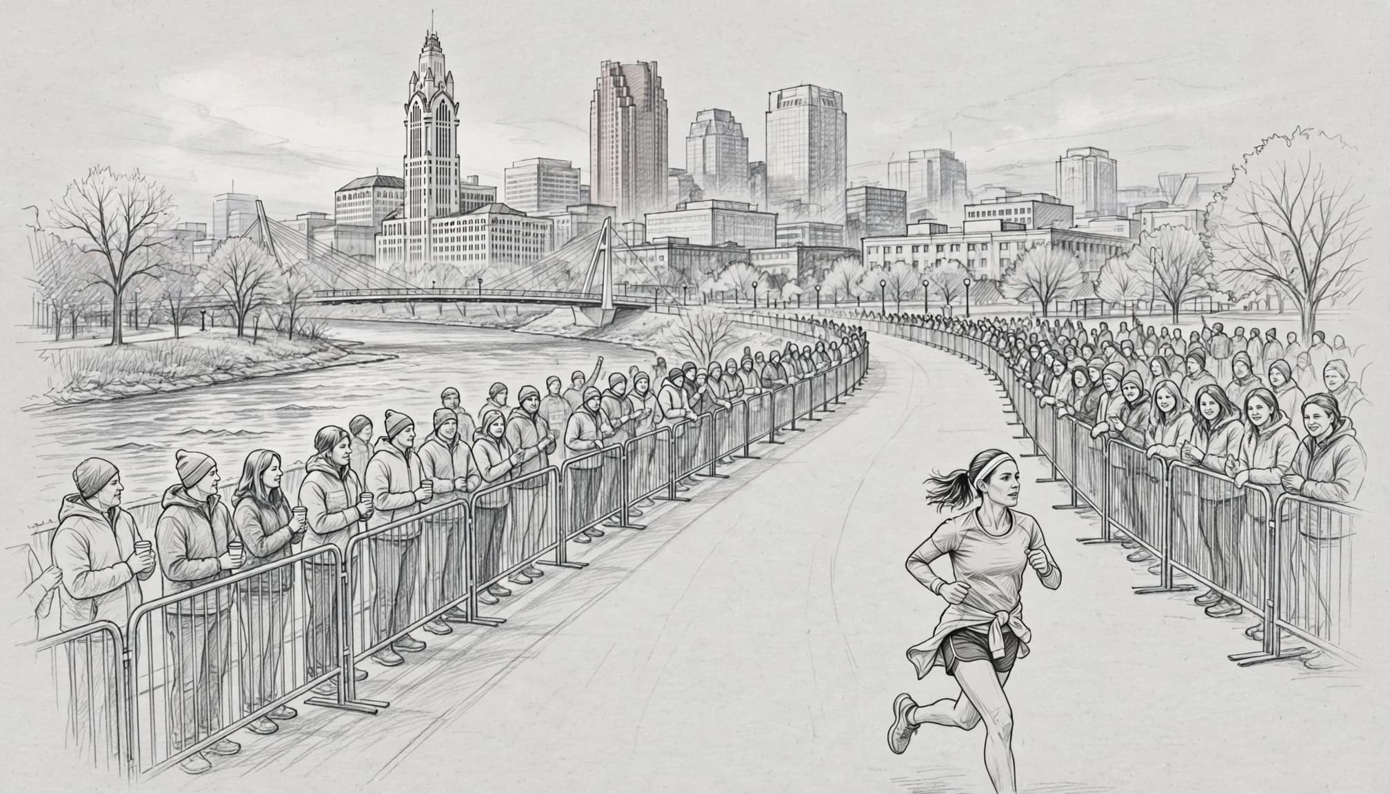 A marathon runner moves along a downtown road as spectators watch near the riverfront.