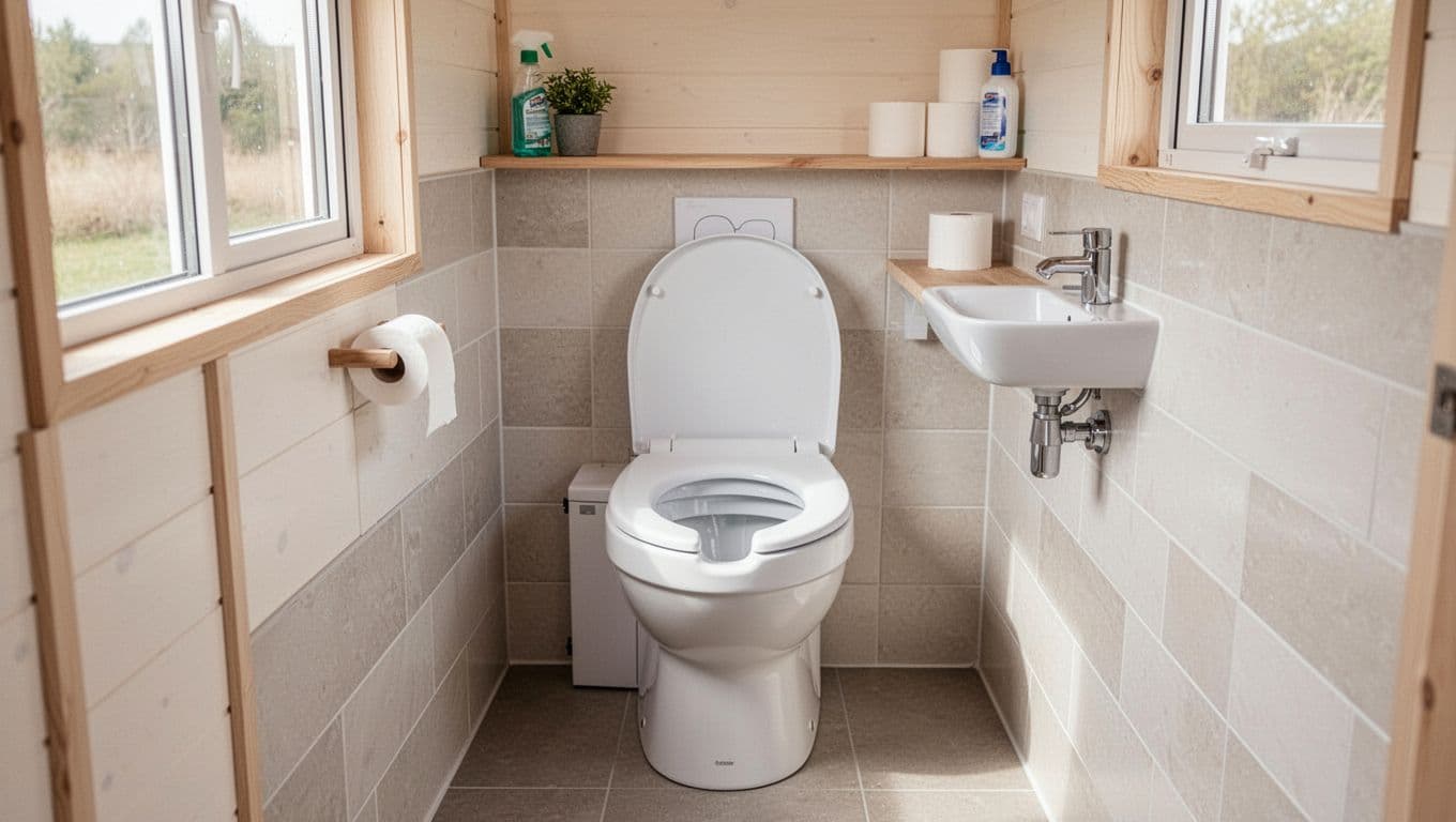 Compact pedestal-style composting toilet with clean white seat and subtle urine diverter in a minimalist tiny house bathroom. Light-colored tiled walls, small sink, shelf with toilet paper and cleaner, bright natural light from window, landscape composition.