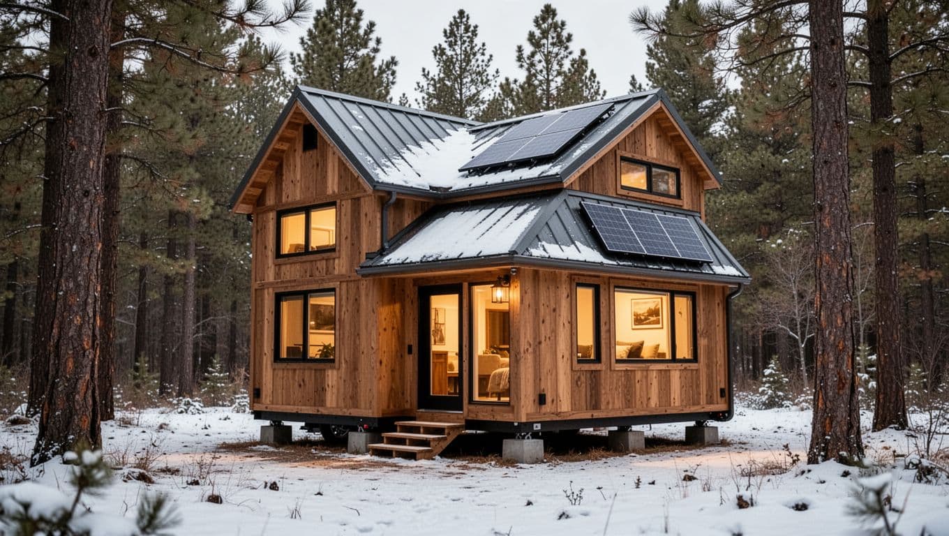 A compact two-story tiny house with a sloped metal roof dusted in snow, solar panels, sturdy foundation, surrounded by pine trees in a winter forest clearing, with warm golden light glowing from interior windows.
