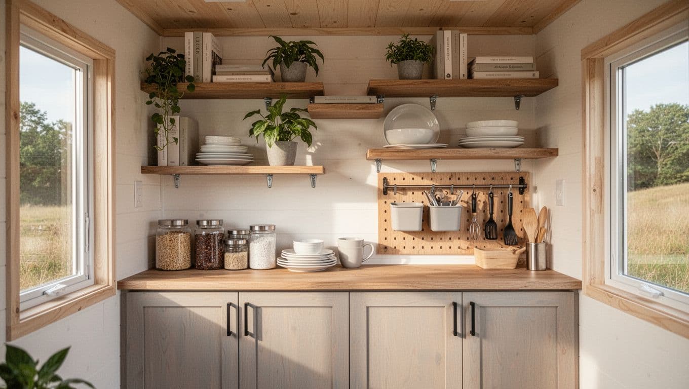 Airy tiny house interior wall featuring staggered open floating shelves holding light books, plants, and dishes, closed cabinets below for bulk storage, and a pegboard section with hooks, bins, and tools, illuminated by warm natural daylight in a realistic modern style.