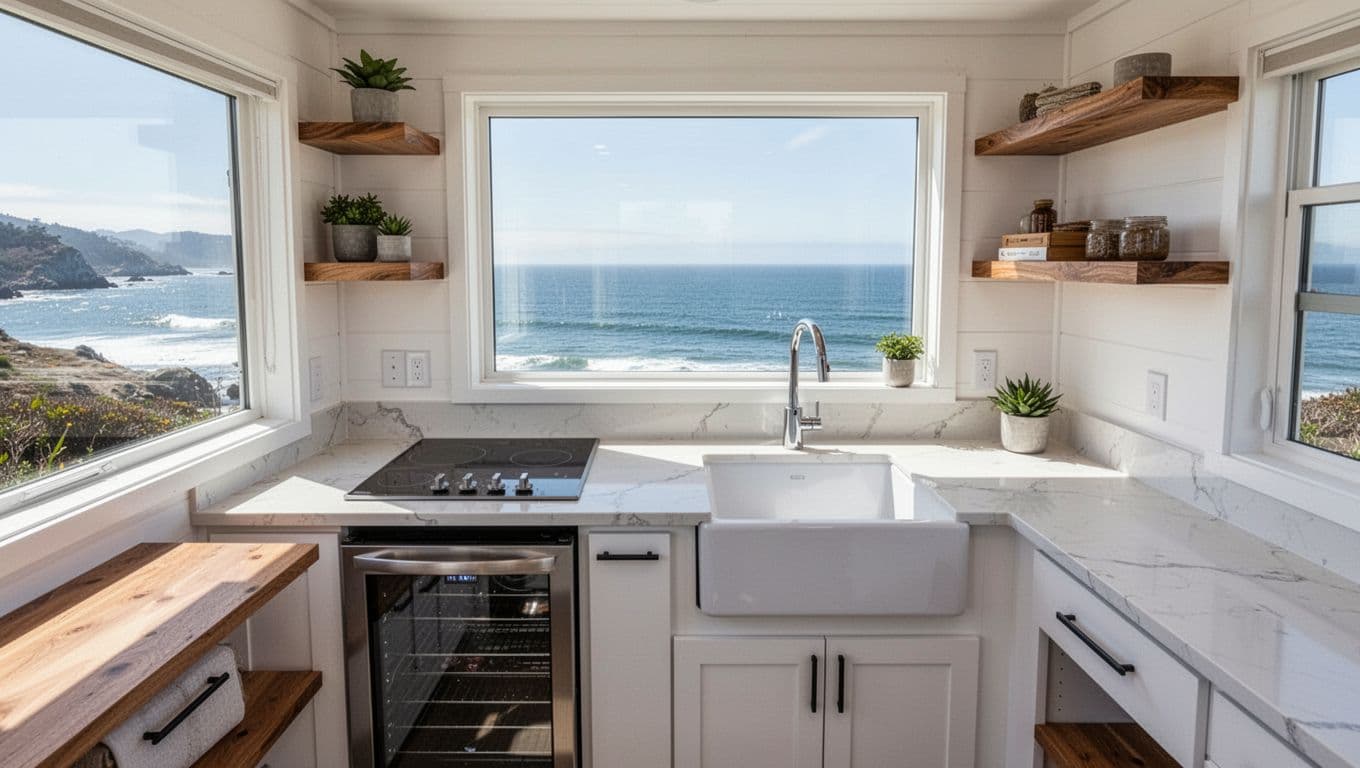 A compact functional kitchen in a West Coast tiny home features slim white quartz countertops, a two-burner induction stove, deep farmhouse sink, and undercounter mini fridge drawer. Open shelves with wooden accents surround a large picture window showcasing a Pacific Ocean view in bright natural daylight.