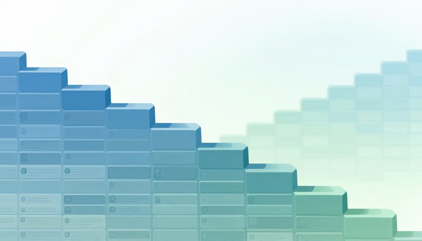 Simple digital illustration of multiple blog posts depicted as stacked bricks forming a growing foundation wall, with soft blue and green gradients and a subtle upward growth arrow.