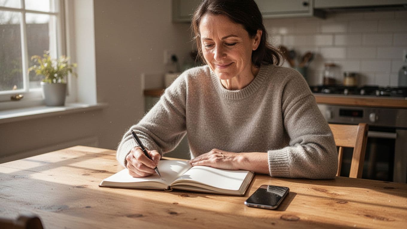 A confident adult sits relaxed at a wooden kitchen table, tracking fitness achievements like lifted weights, run times, waist measurements, mood ratings, and energy levels in an open notebook with pen in hand. Smartphone nearby shows app chart under morning natural light, realistic photo of one person in focused scene.