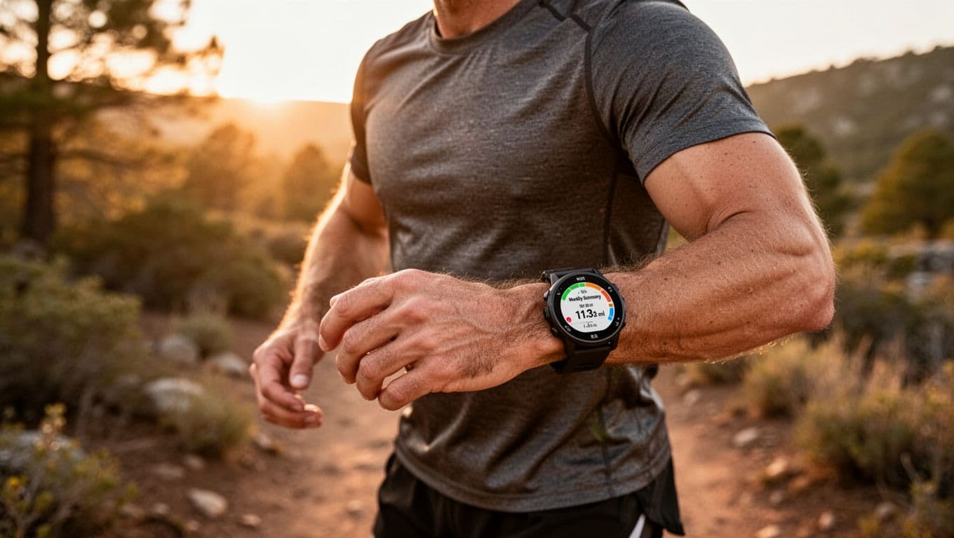 A confident experienced adult runner stands relaxed in a trail setting, holding a fitness tracker watch displaying a blurred weekly summary screen, captured in photorealistic golden hour lighting from a three-quarter view.