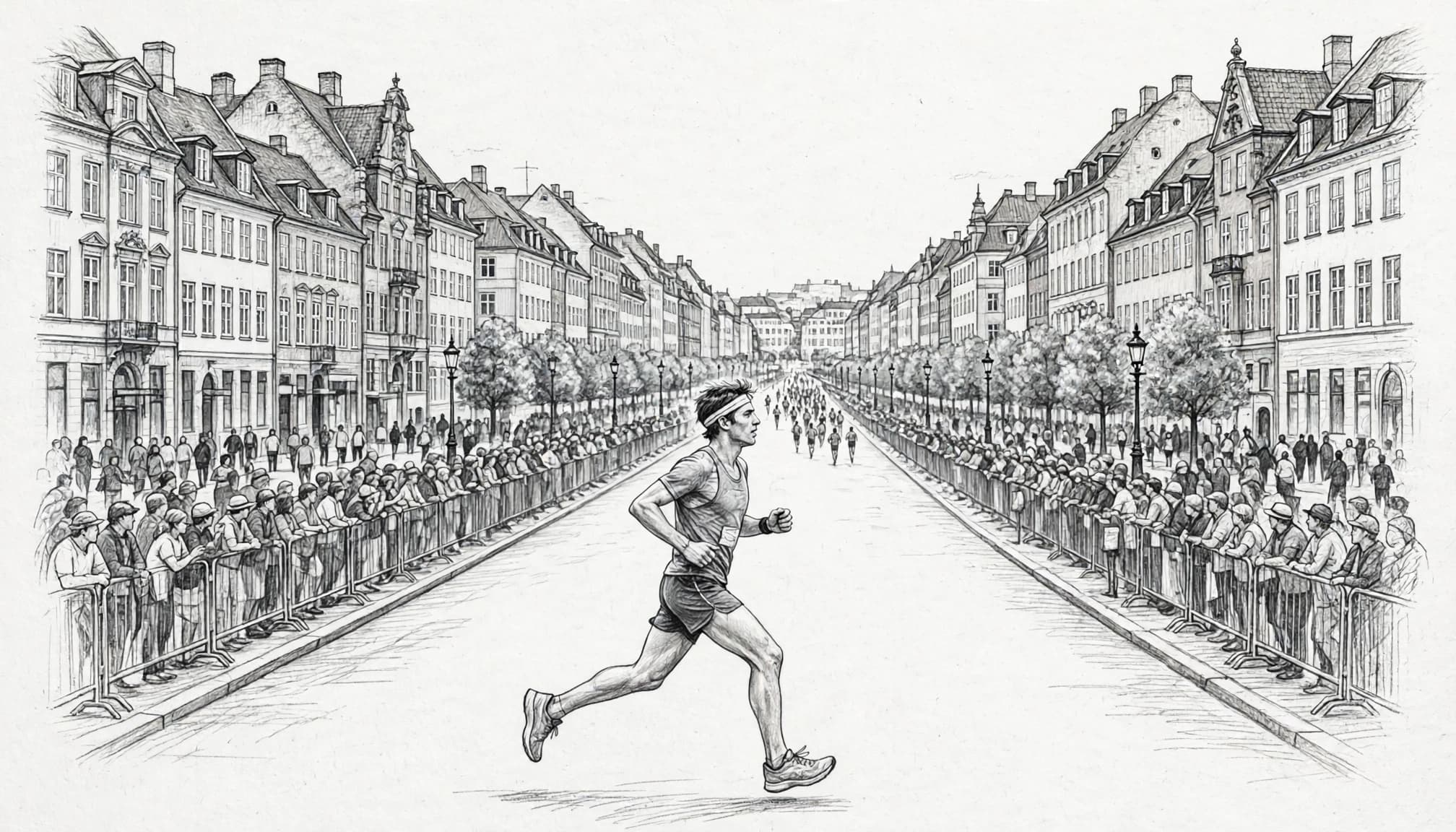 A runner passes spectators on a Copenhagen boulevard with historic buildings behind.