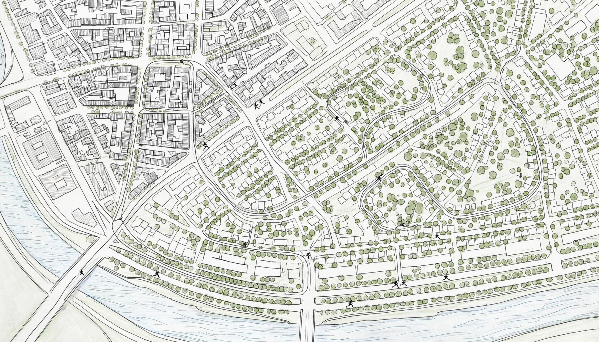 A pencil-drawn running route winds through city blocks and leafy streets with tiny runners.
