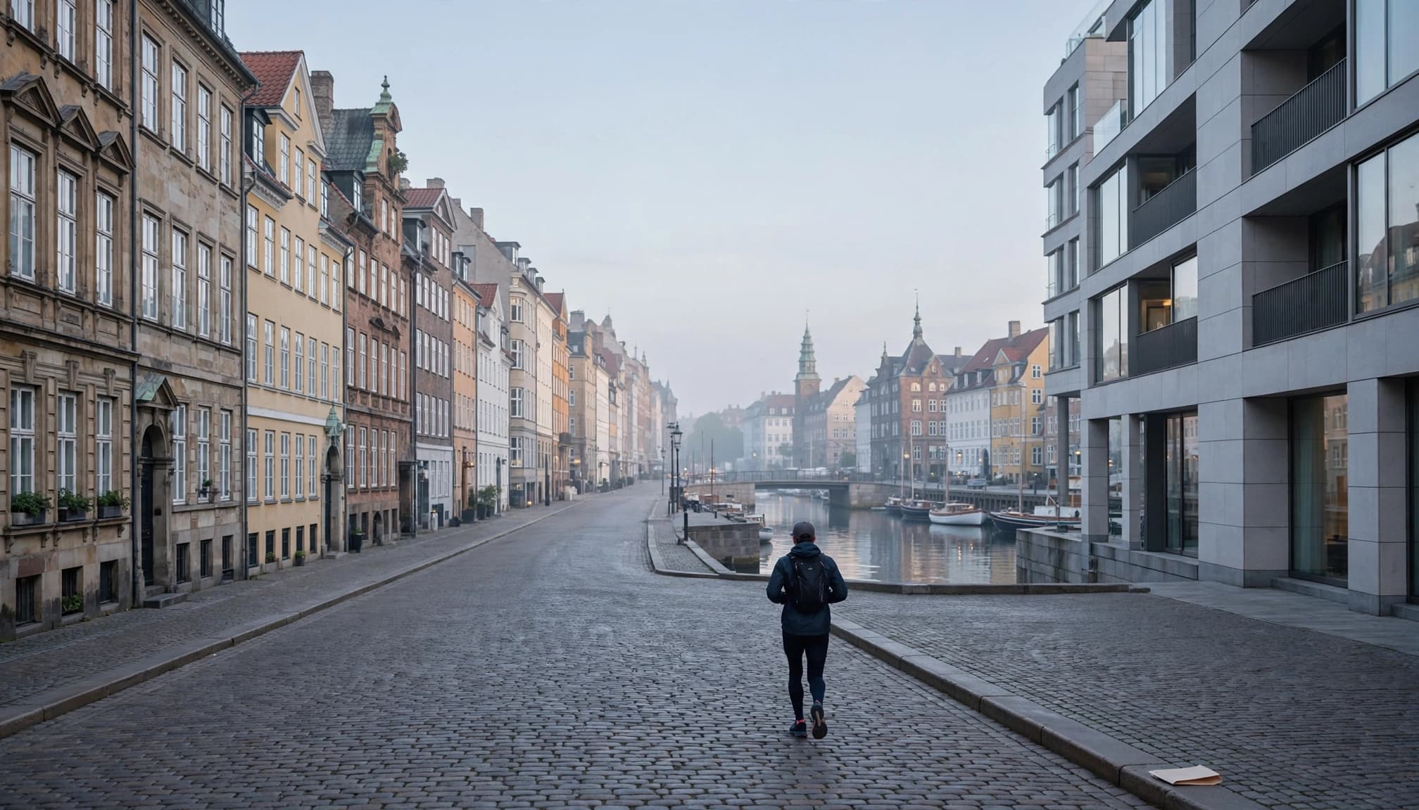 A lone runner heads toward Copenhagen hotels and a canal waterfront.