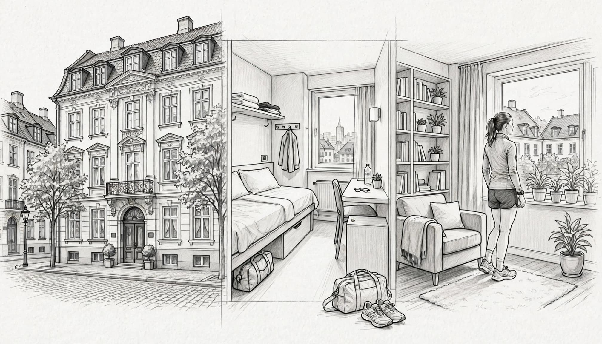 Three Copenhagen lodging styles shown with running shoes and a small bag.
