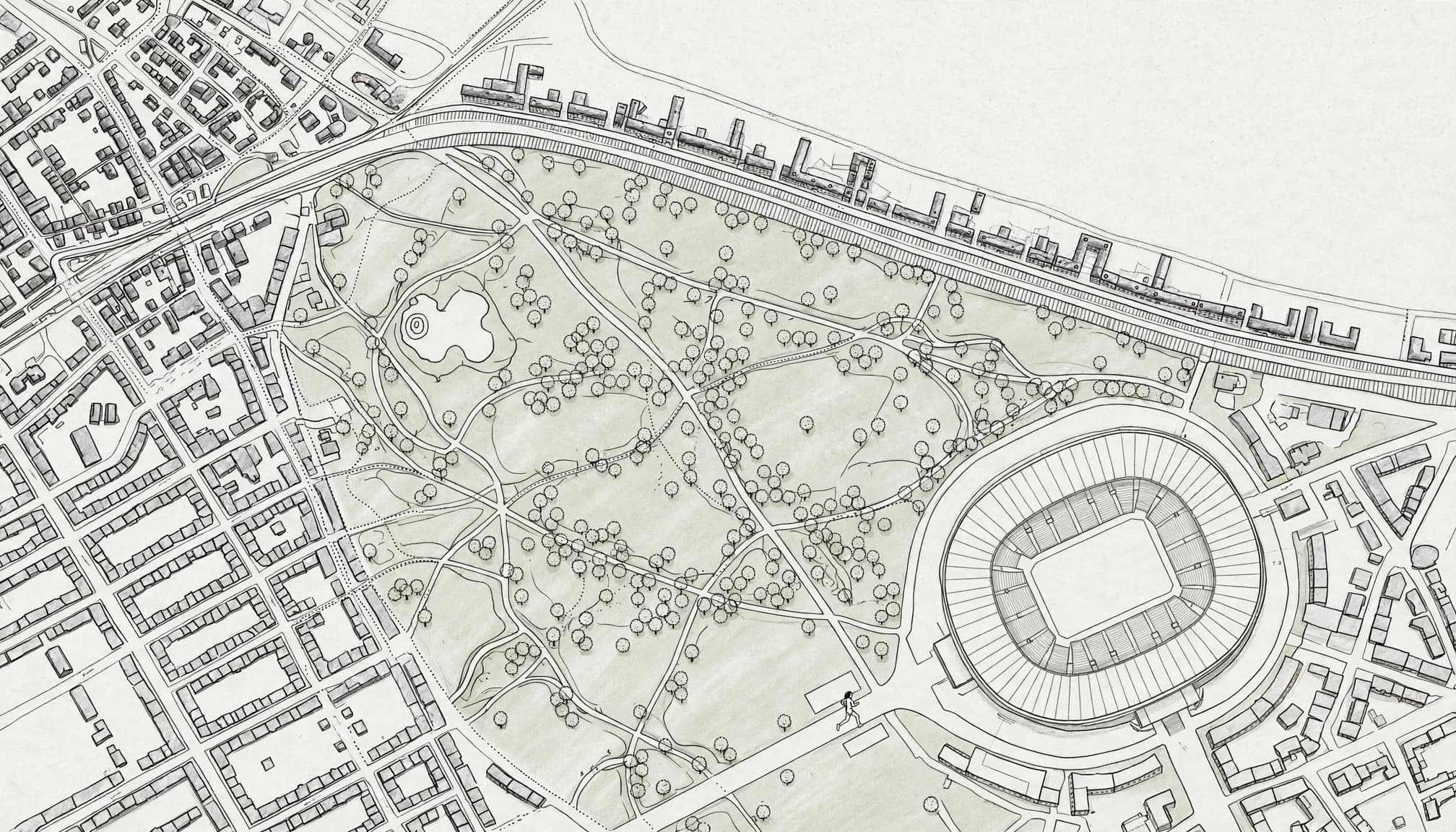 A sketch map shows one runner walking from Østerbro hotels toward a distant race start.