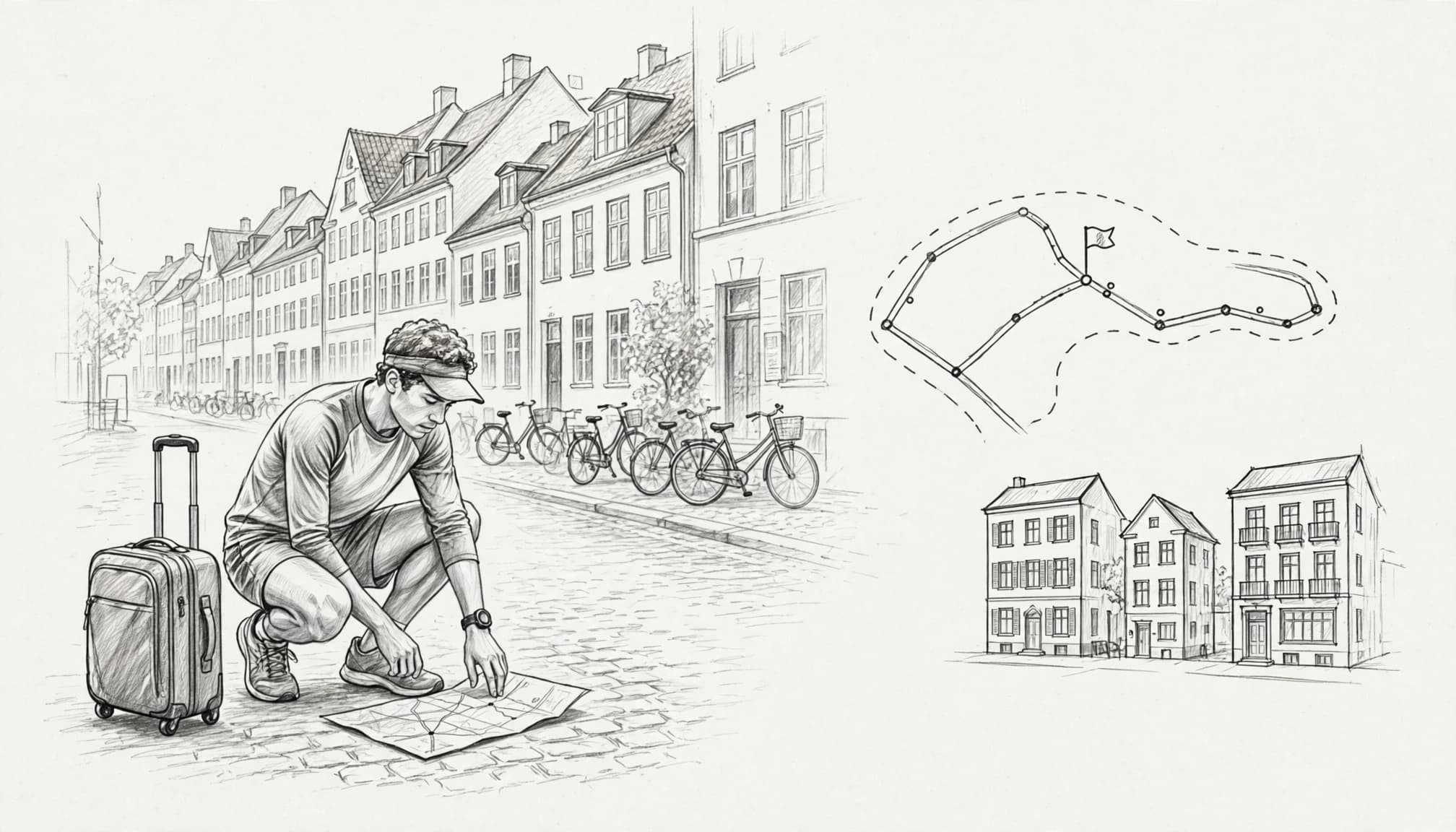Runner compares hotels beside a suitcase and route map on a quiet Copenhagen street.