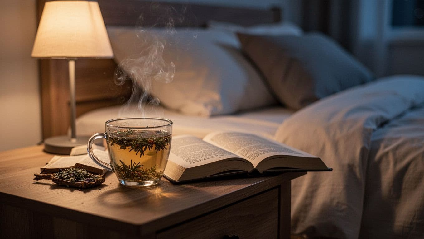 A warm bedside table features a steaming cup of tea and an open book.
