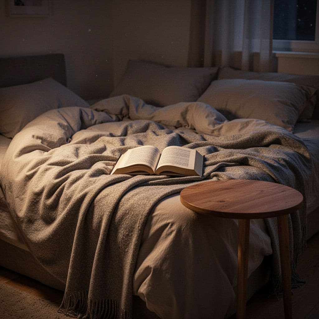 A quiet bedroom features an unmade bed with soft blankets and a book resting on a side table.