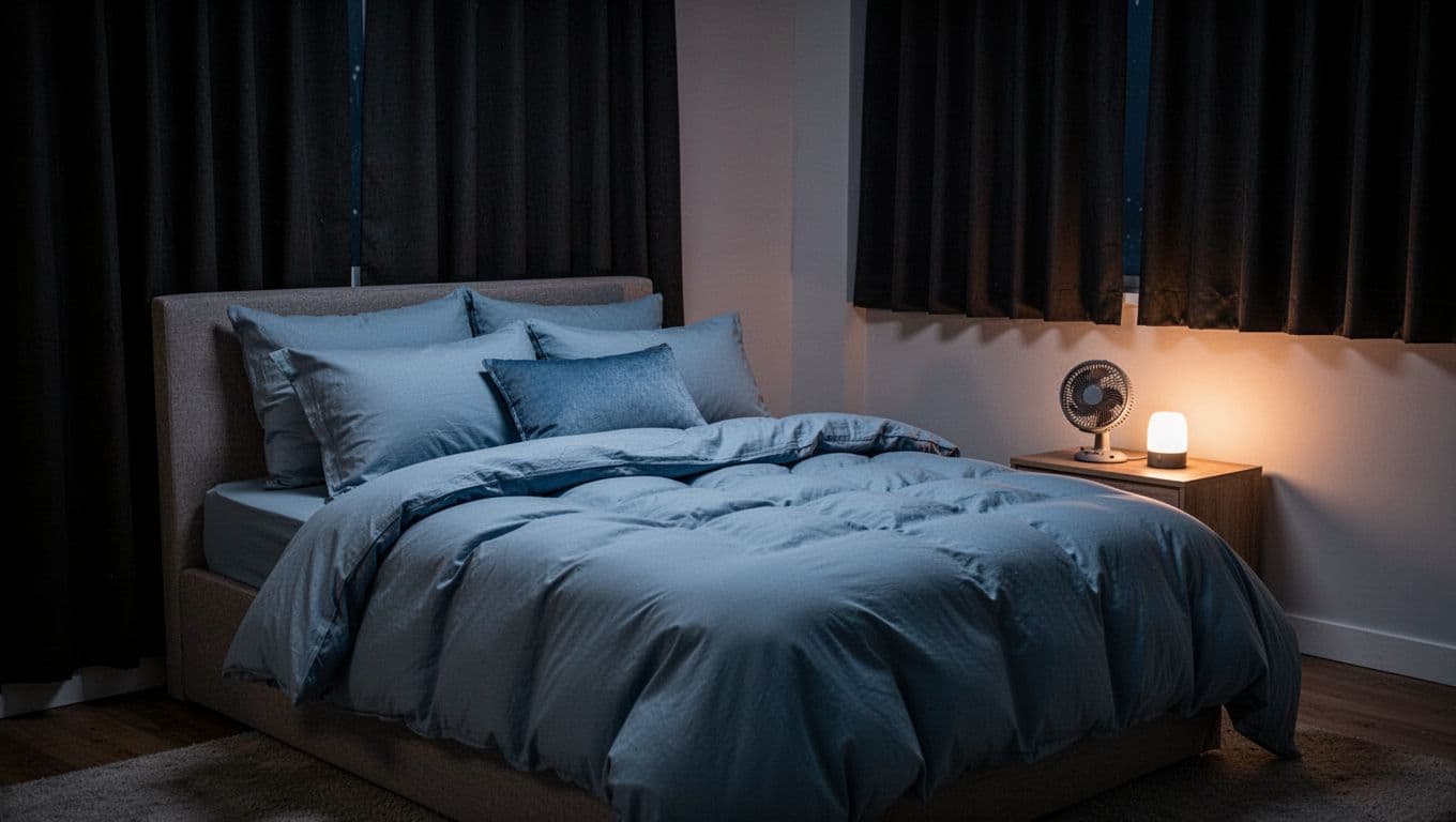 Serene cozy bedroom interior at bedtime featuring a made bed with soft pillows and duvet in cool blue tones, blackout curtains, small fan on nightstand, dim nightlight glow, and no screens for a restful atmosphere.