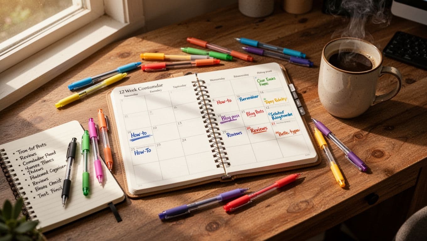 Overhead view of a cozy wooden home office desk featuring an open planner with a blank 12-week content calendar grid for blog posts, scattered colored pens, notebook with bullet points, steaming coffee mug, and warm sunlight illuminating textures.