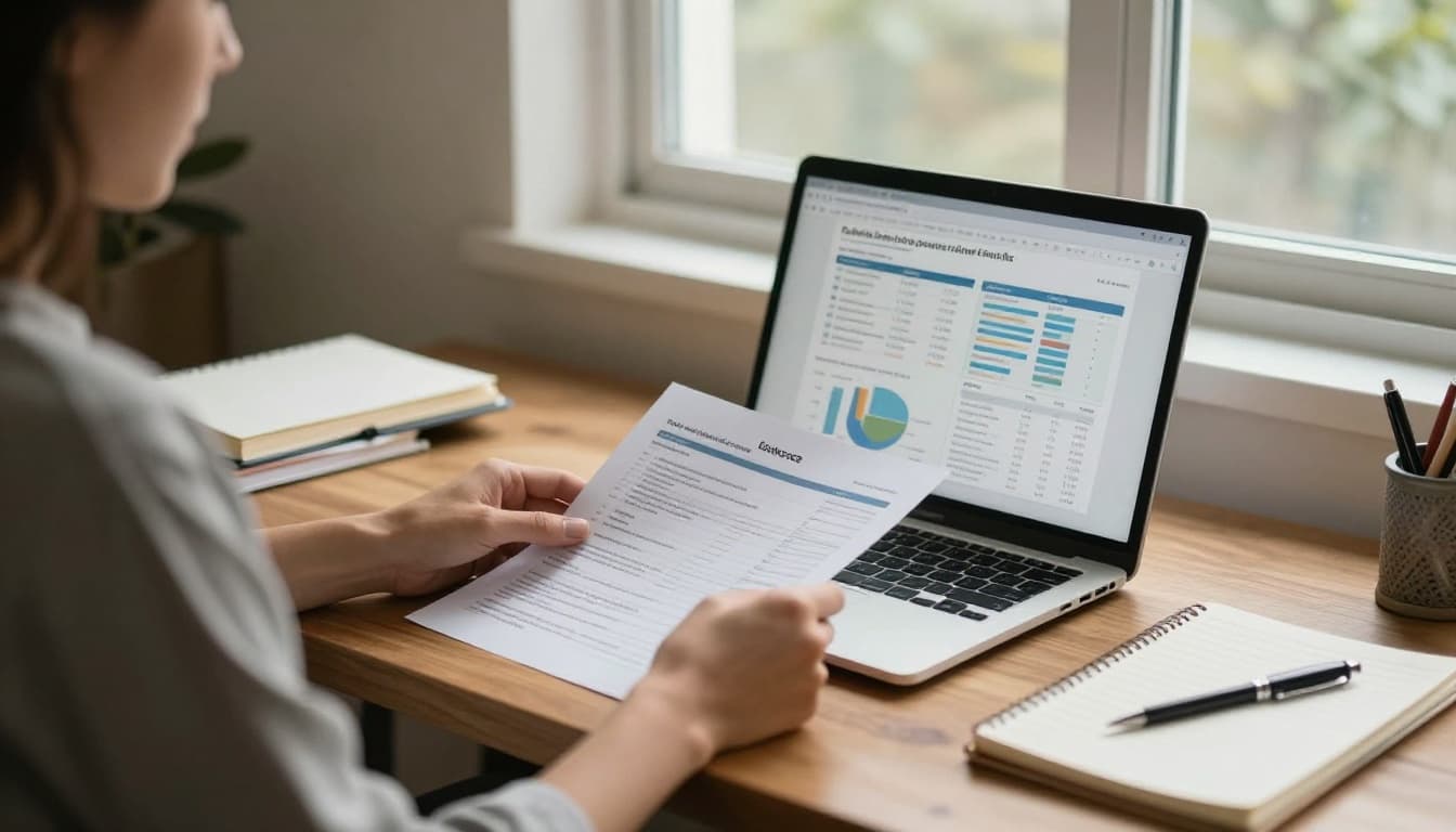 A person in a cozy home office seated at a wooden desk, examining printed fund fact sheets with charts on an angled laptop screen, notebook and pen nearby, bathed in warm afternoon light through the window, realistic photography focusing on relaxed hands on documents.