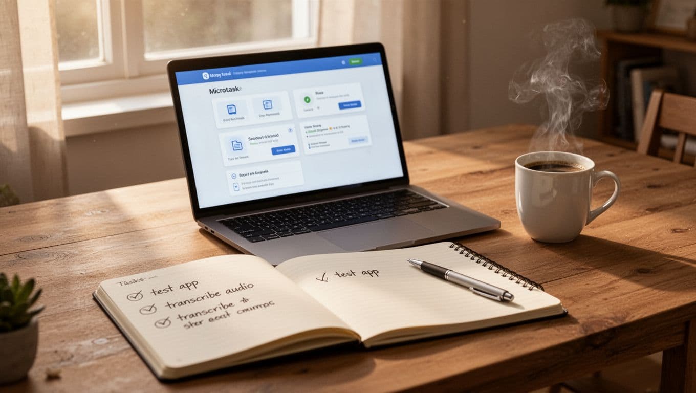 Cozy home office desk setup in soft morning light with a single laptop displaying a microtask dashboard, open notebook listing quick tasks, steaming coffee mug and pen, realistic photography, no people.