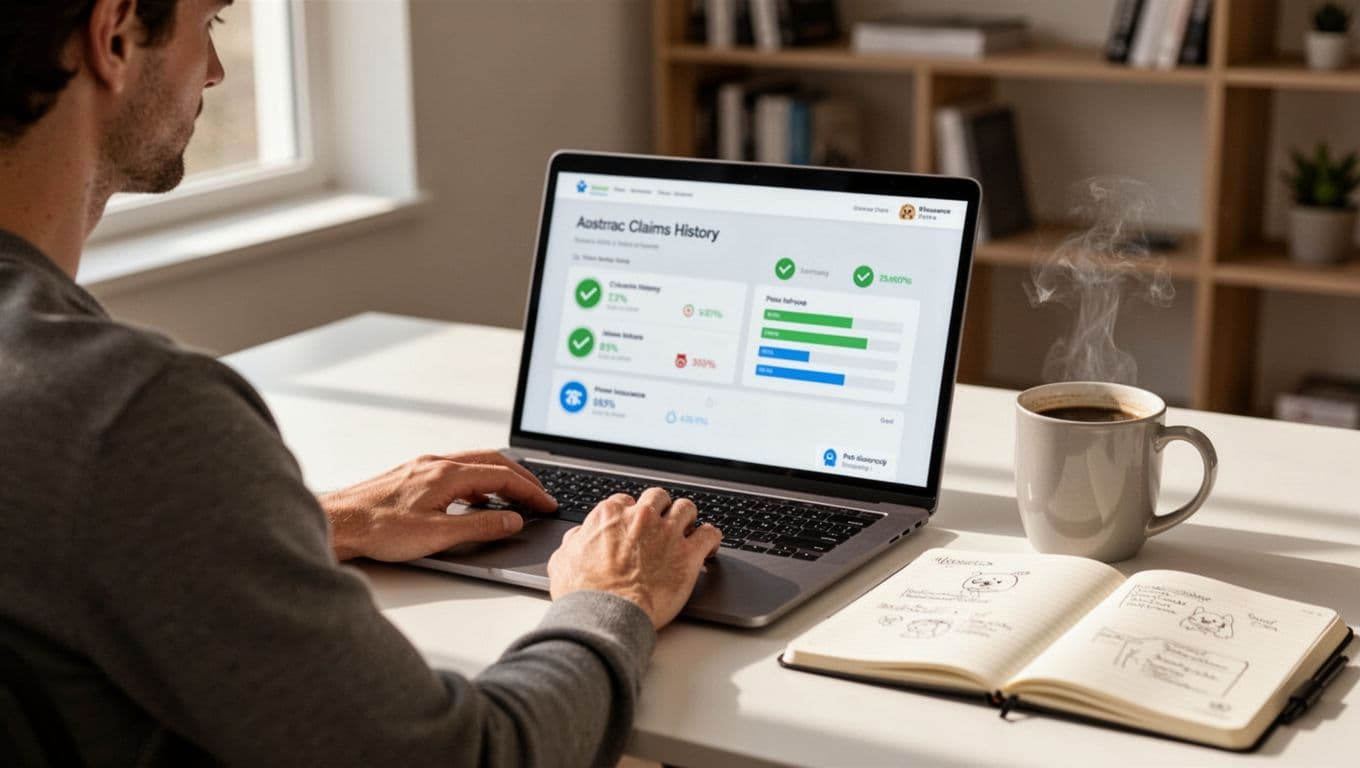 Realistic photo of one person in relaxed posture at modern home office desk facing blurred laptop screen with abstract pet insurance claims interface, hands naturally on keyboard and trackpad, open notebook and steaming coffee mug nearby, natural daylight and blurred bookshelf background.