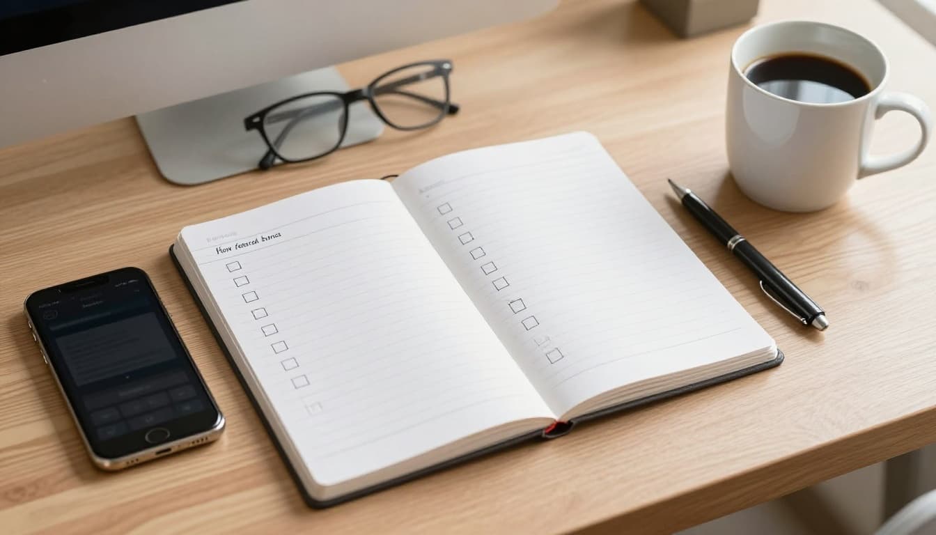Top-down photorealistic view of a minimal cozy home office desk with a blank checklist notepad, blurred smartphone on referral app, resting pen, and coffee mug in soft morning light.