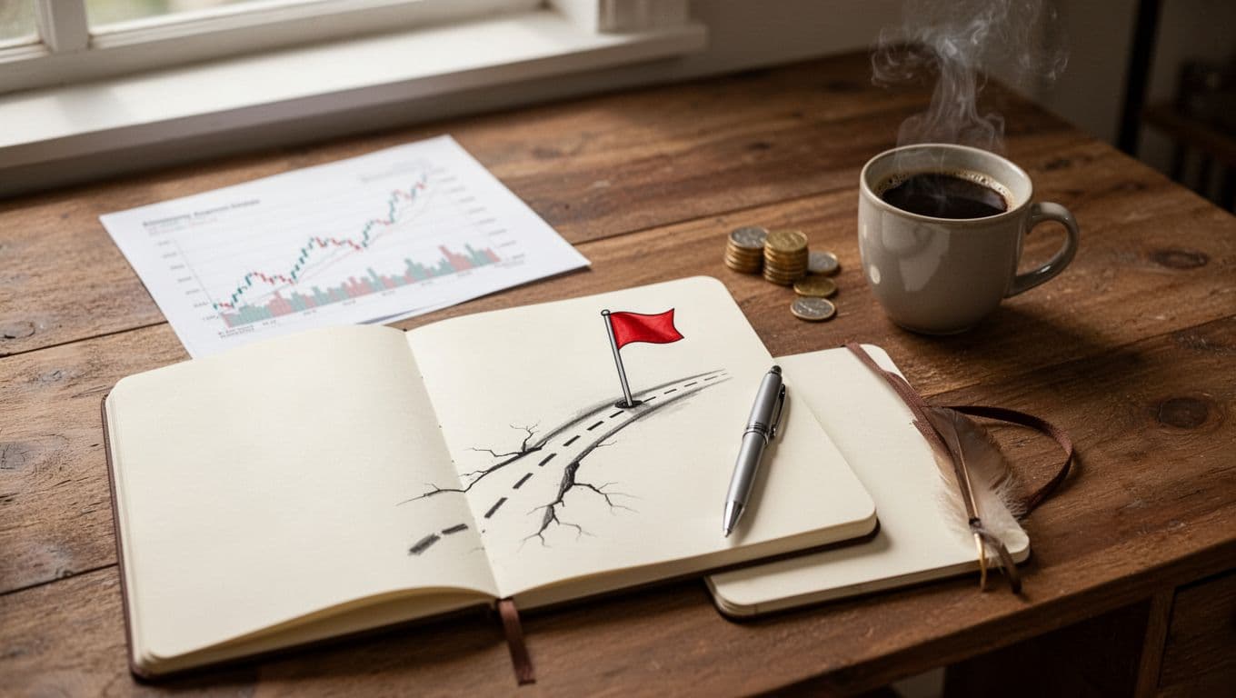 Realistic top-down photograph of a cozy wooden desk in a home office, featuring a roadmap illustration avoiding pitfalls to a finish line, blurred upward financial graph, open blank notebook with pen, stack of coins, and steaming coffee mug in soft natural light.