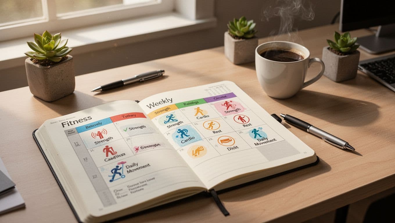 Cozy home office desk with open weekly planner notebook showing simple fitness schedule marked by icons or colors for strength, cardio, rest, and daily movement, plus coffee, pen, and plant in soft natural light.