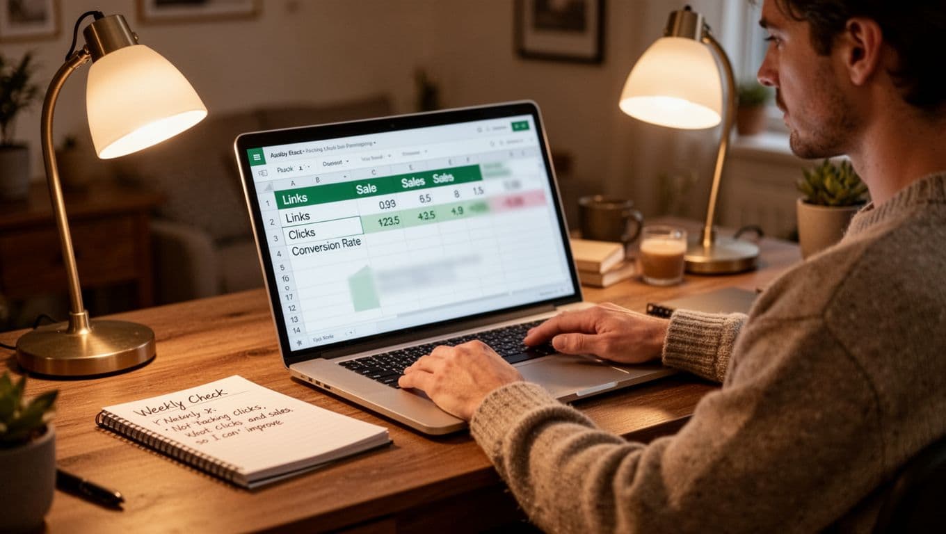 One person in a cozy home workspace at a desk reviews a blurred spreadsheet on a laptop showing links, clicks, sales, and conversion rates, with notepad notes under warm lamp light.
