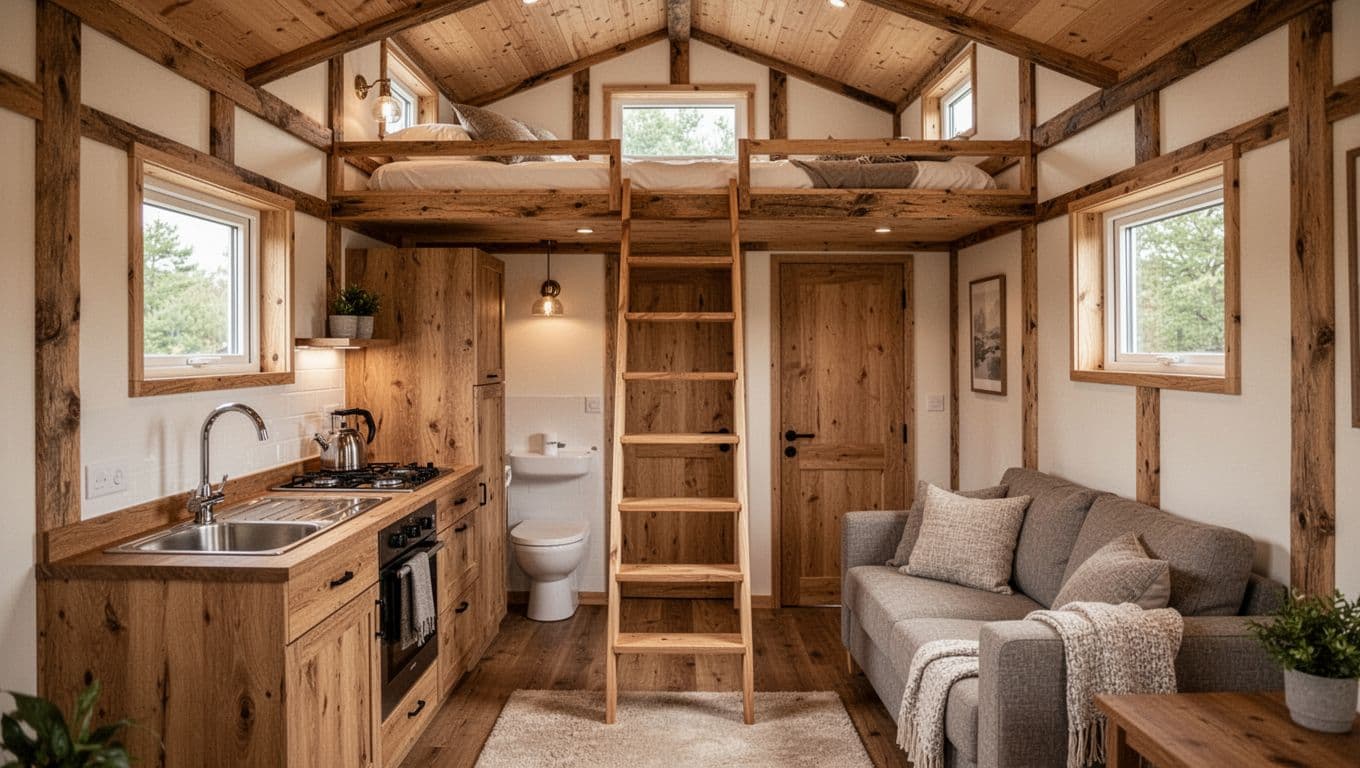 300 sq ft cozy tiny house interior with compact kitchen, sofa area, bathroom door, and straight wooden ladder to open loft bed above. Timber frame walls, warm wooden textures, soft natural daylight through small windows.