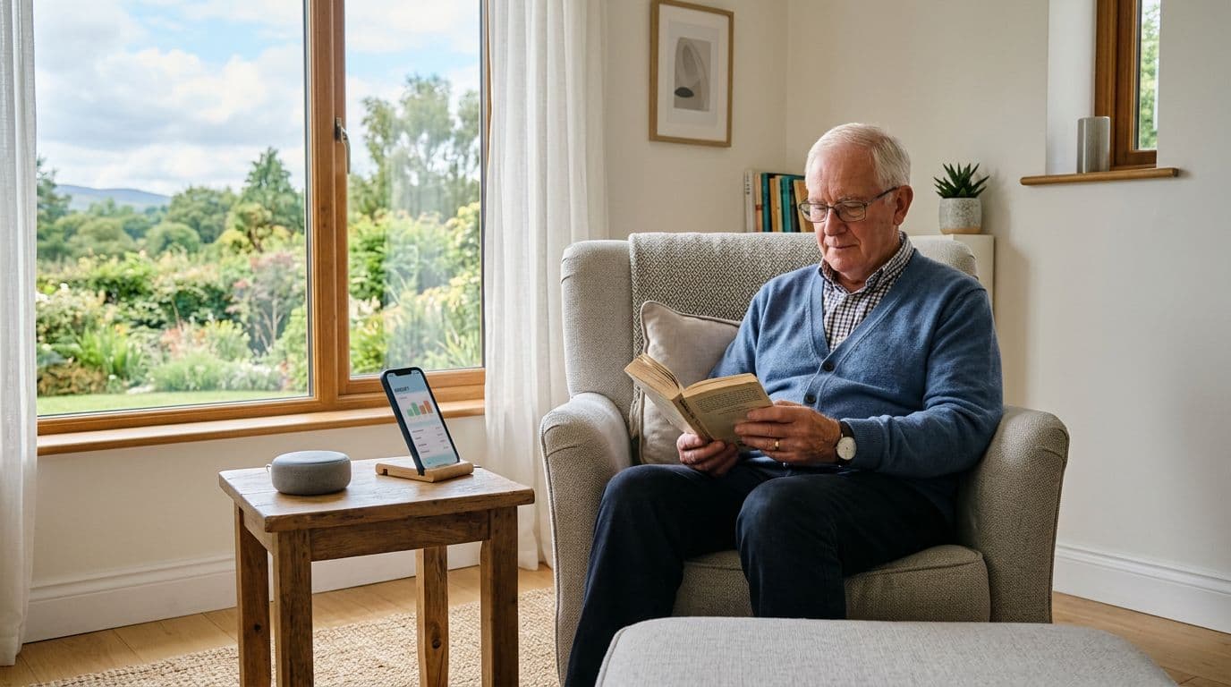 A senior man relaxes naturally in an armchair holding a book in a cozy minimalist living room corner, with a smart speaker on a wooden side table and a nearby smartphone showing a blurred budgeting app screen, bathed in soft natural afternoon light through the window.