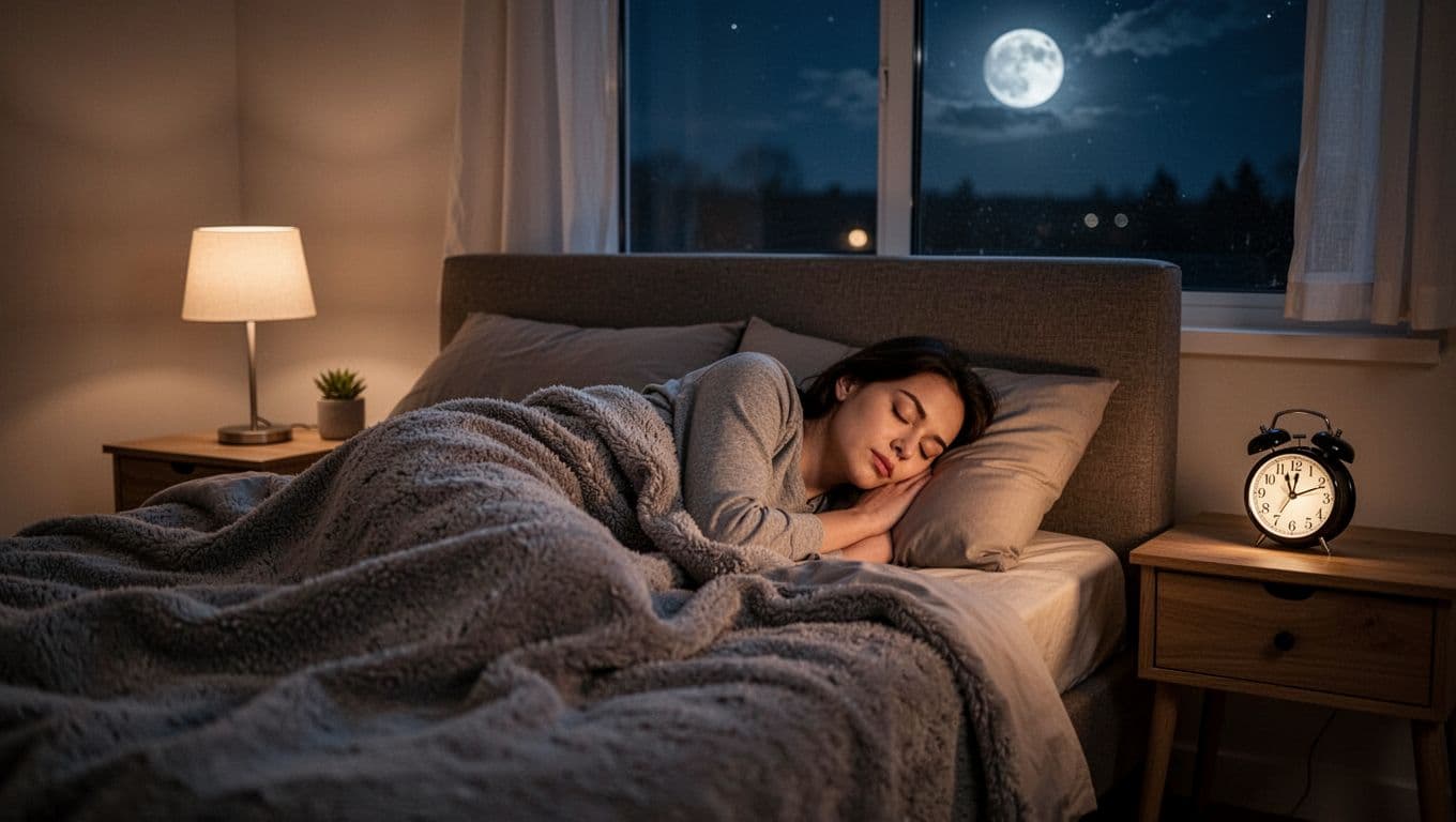 Serene modern bedroom at night with a person asleep under soft blankets, head on pillow, peaceful expression, dimly lit by bedside lamp and moonlight, alarm clock on nightstand showing 10 PM.
