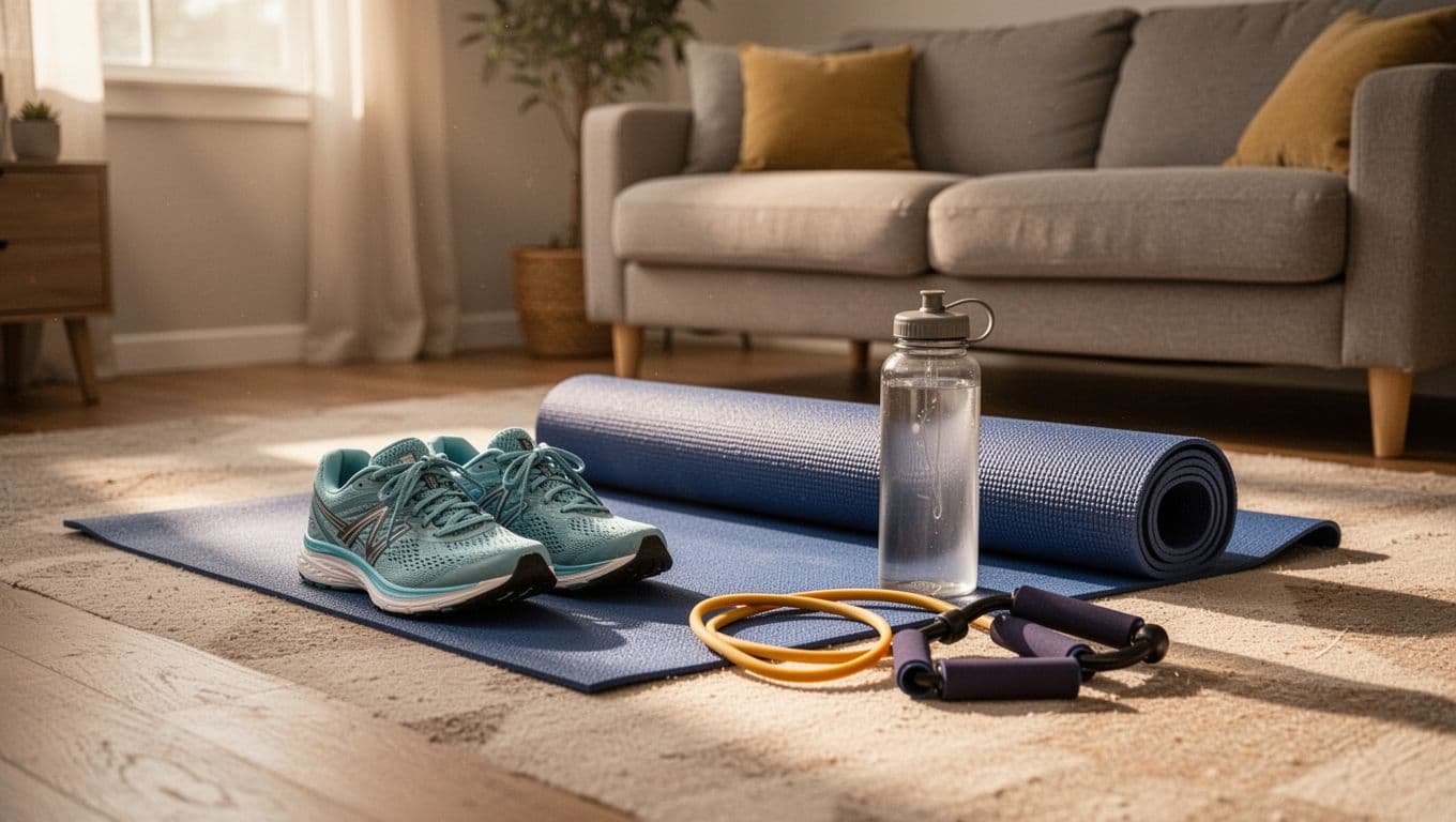 Cozy living room in soft morning light with neatly laid out workout clothes, running shoes, yoga mat, water bottle, and resistance bands on the floor, ready for an easy morning session. Realistic photo style with no people, text, or logos present.
